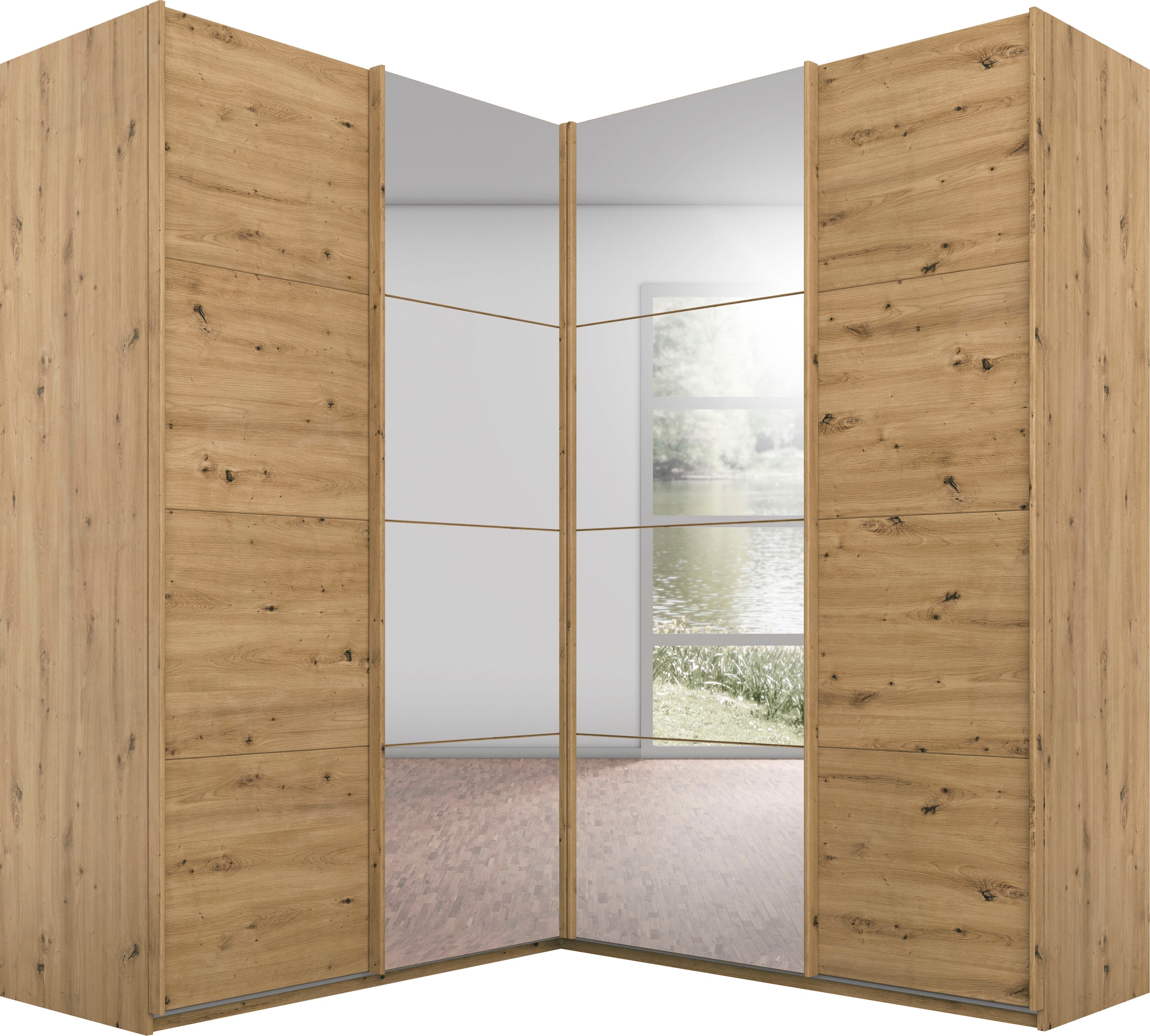 rauch Schwebetürenschrank "Schrank Garderobe Eckkleiderschrank QUADRA Front in Dekor/Hochglanz" Maß 181x187 cm, Höhen 210/229 cm, inkl. Soft-Close-Funktion, extra großer Eckschrank inkl. Schubladeneinsatz MADE IN GERMANY