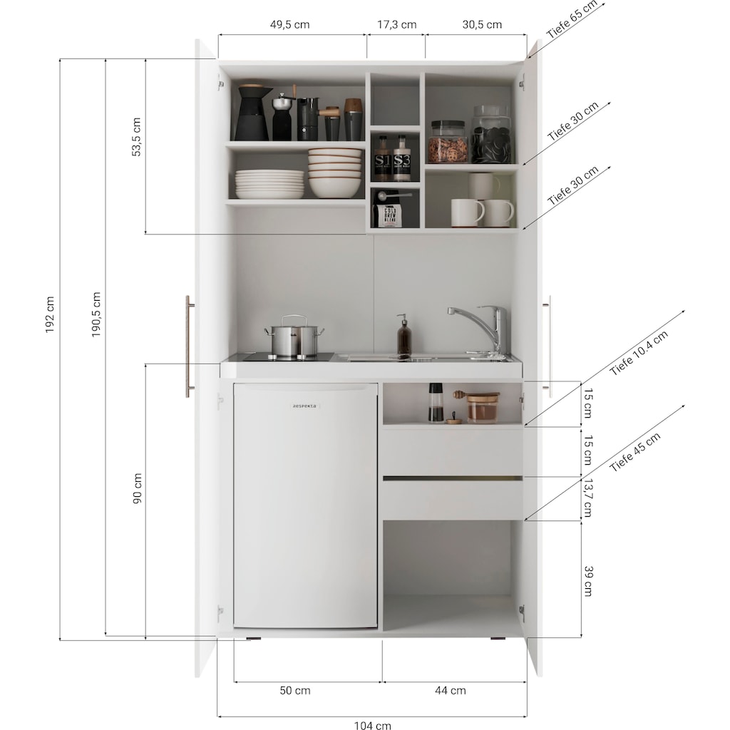 RESPEKTA Küche »Peter, Kochfeld von SCHOTT CERAN®, wahlw. mit Mikrowelle, Korpus Weiß«, Breite 104 cm