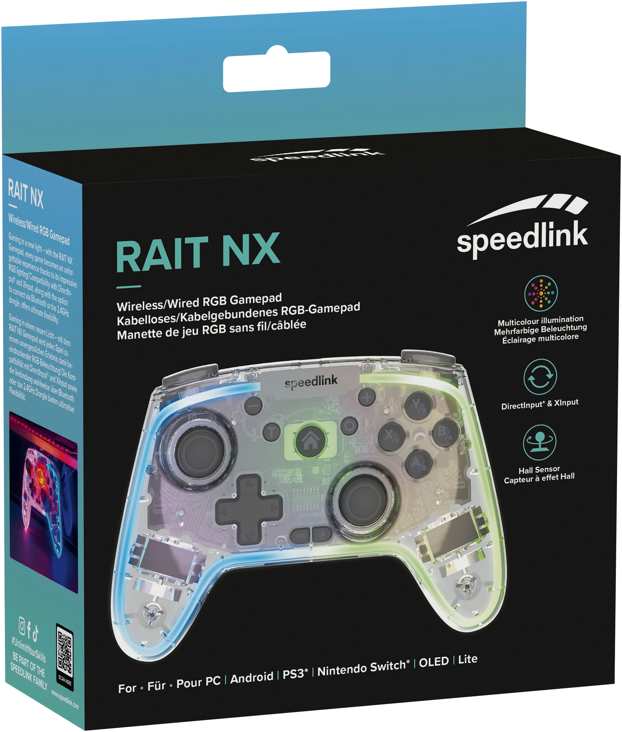 Speedlink Gaming-Controller »RAIT NX RGB - kabelloses Gamepad für PC/Android/Switch OLED/Lite«, RGB-Beleuchtung, Hall Effekt Sensoren, Makro-Tasten, Turbofunktion