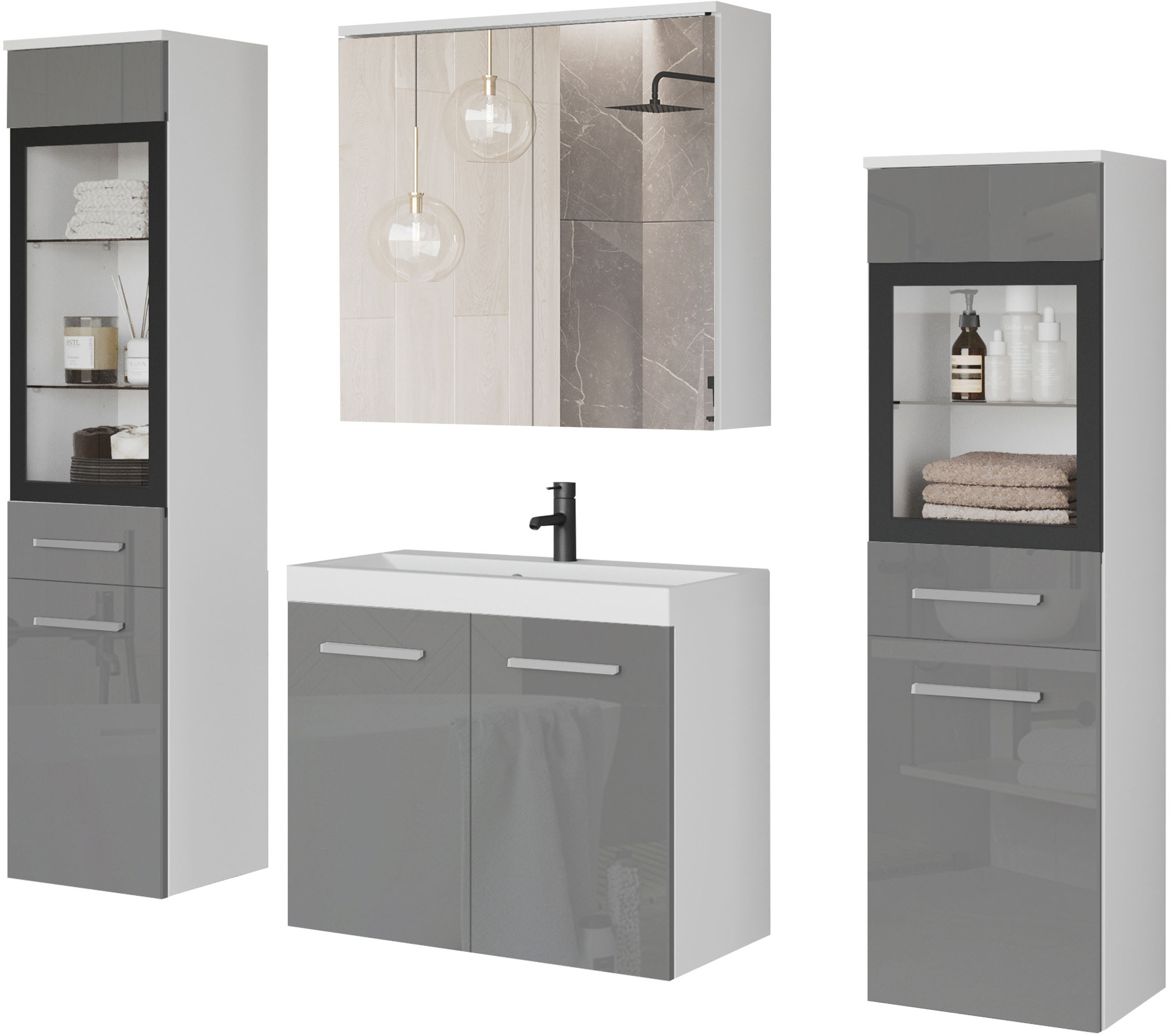 welltime Badmöbel-Set "MADRIT II, Schrank mit Waschbecken, 2 Hänger, Spiege günstig online kaufen