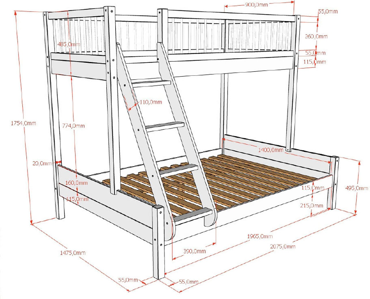 Vipack Etagenbett »Forrest Massivholzbett Made in Europe, stabil und hochwertig gebaut« Liegefläche 90/140x200cm, mit Leiter, Rolllattenrost u. Bettschublade,  mit Absturzschutz oben in Sprossenoptik, Buche weiß lackiert