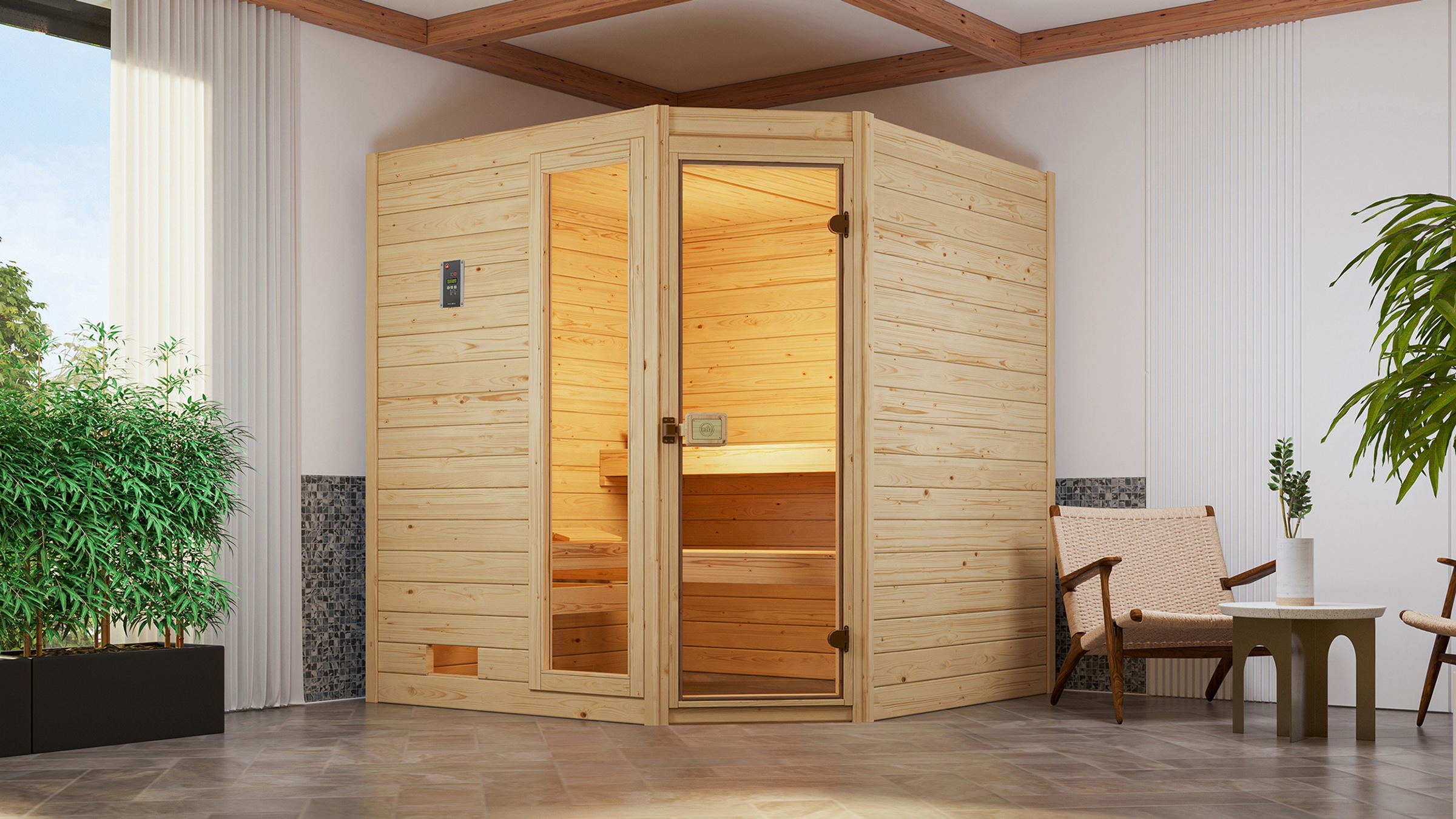 weka Sauna »Massivholzsauna VALIDA Eck 2«, Blockbohlen, Fensterelement, moderne Ganzglastür