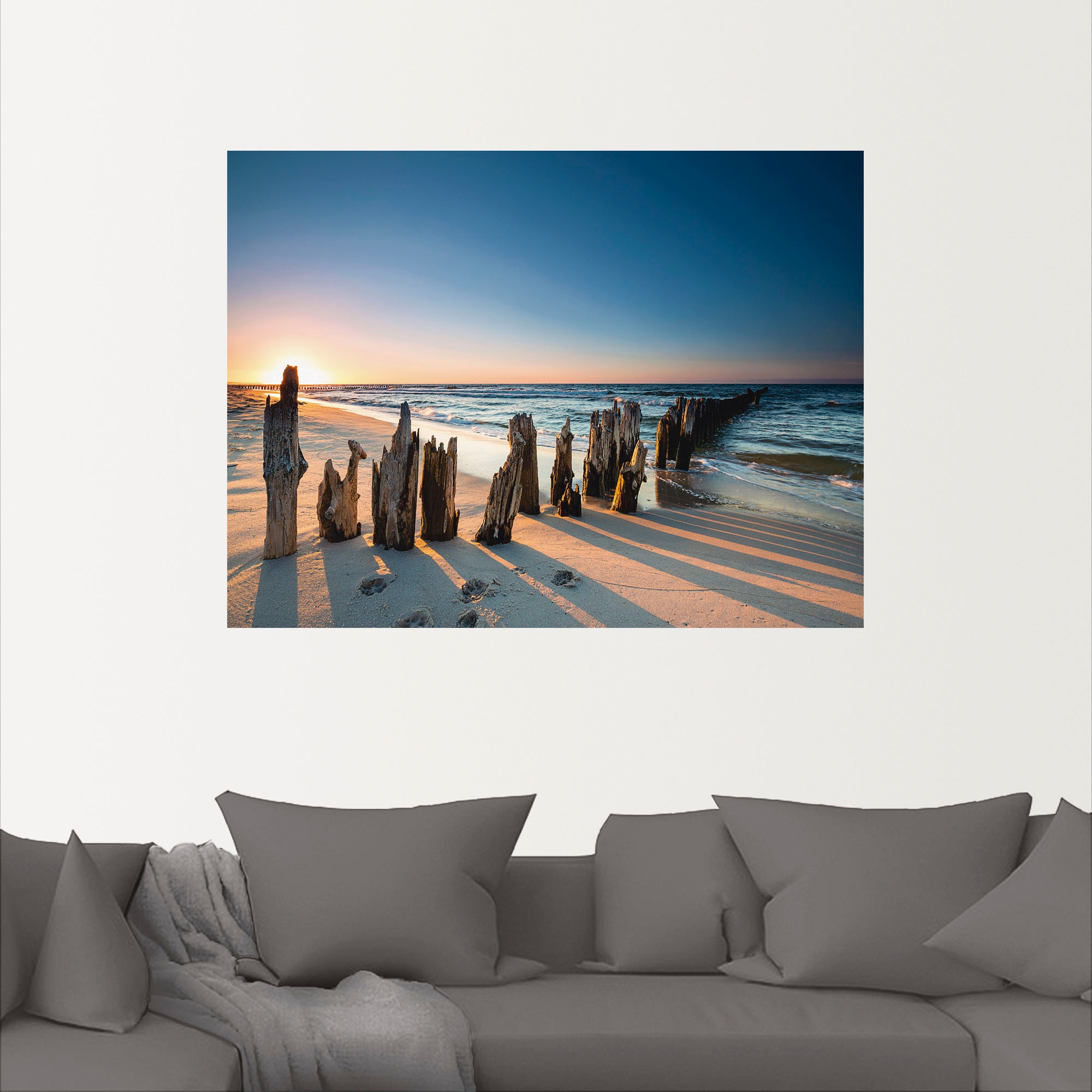 Artland Wandbild »Sonnenuntergang Strand Wellenbrecher«, Meer Bilder, (1 St.), als Alubild, Outdoorbild, Leinwandbild, Poster, Wandaufkleber