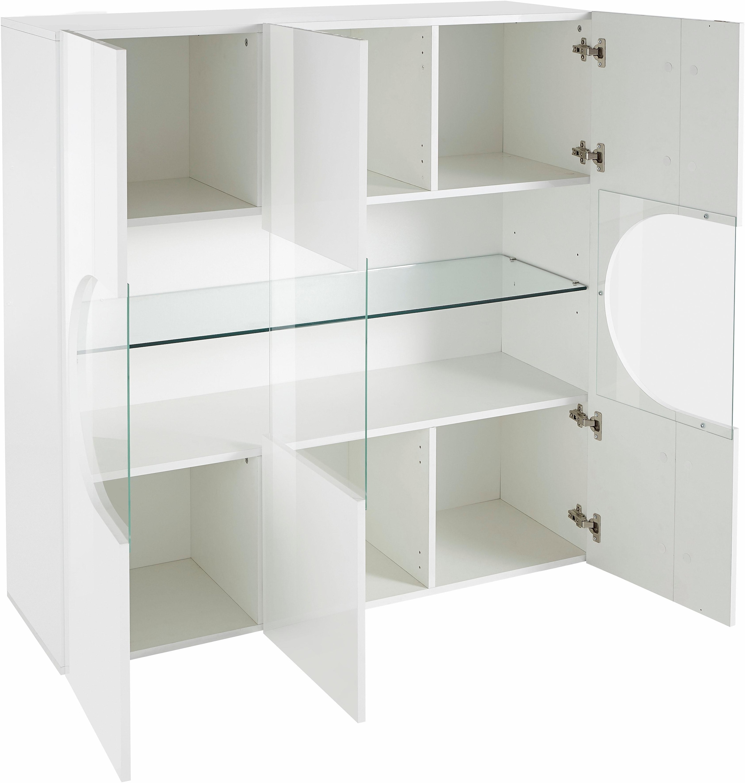 INOSIGN Highboard »Real,Highboard,Kommode,Schrank mit 3 Türen,komplett hochglanz lackiert«, mit 3 Türen, davon 2 aus Glas, mit einer großen Glasablage, Höhe 121