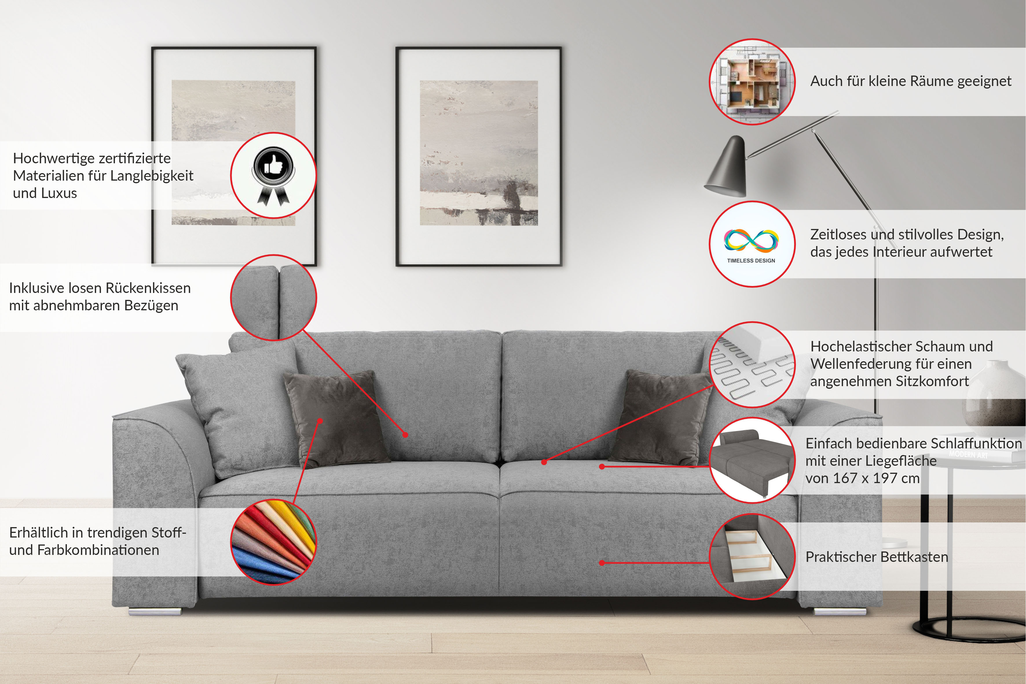 Thumbnail - INOSIGN 3-Sitzer Beatrice Schlafsofa, wahlweise auch mit Bettfunktion und Bettkasten, incl. 2 Zierkissen