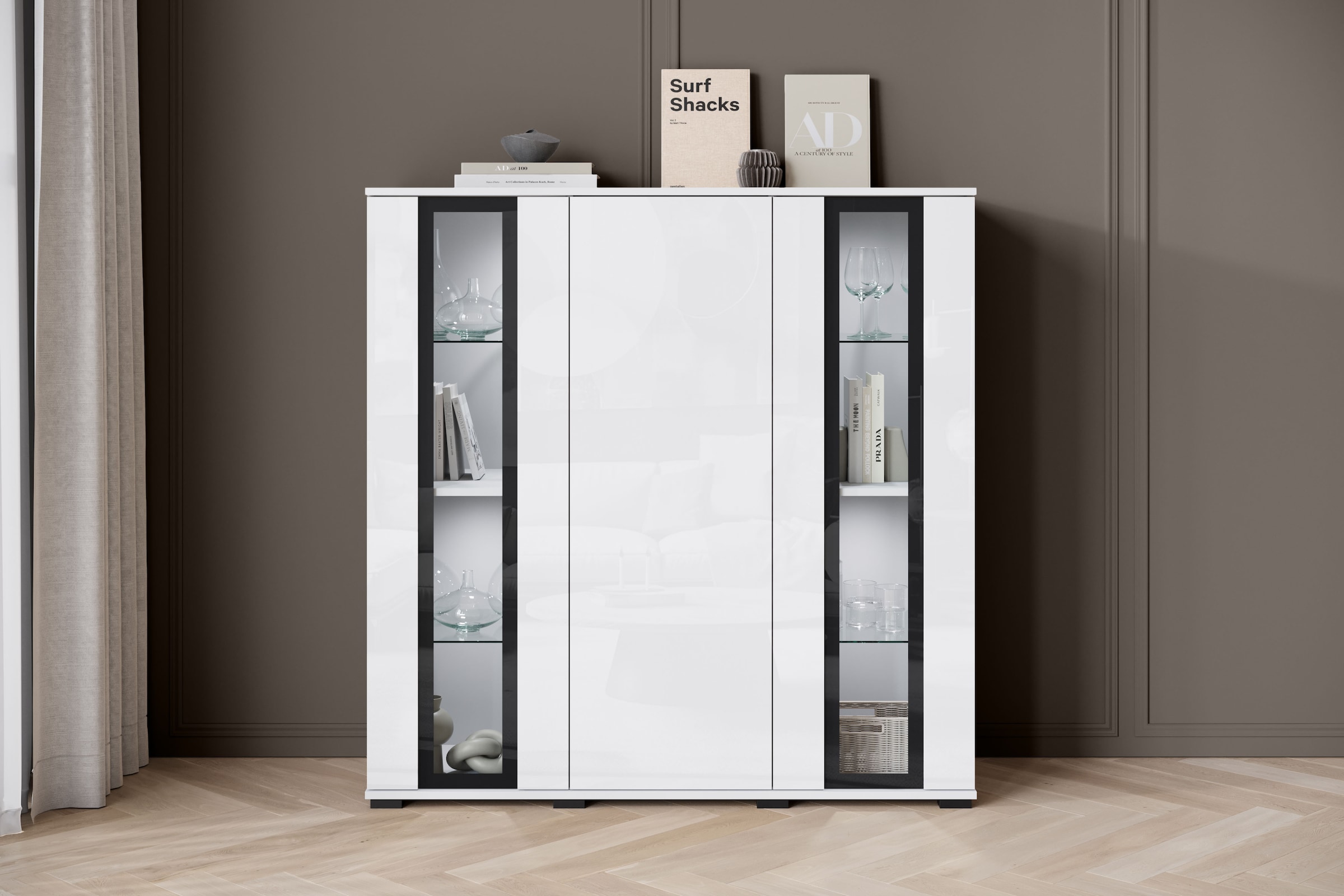 INOSIGN Highboard »Caro, modernes Design mit Glaseinsätzen, Breite 120 cm«, (1 St.), grifflose Fronten mit Push-to-Open, höhenverstellbare Einlegeböden