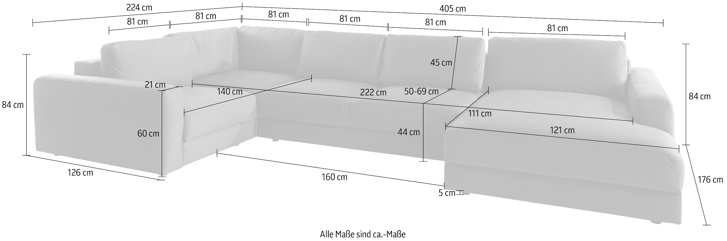 Places of Style Wohnlandschaft »Bloomfield, U-Form«, mit extra tiefer Sitzfläche, wahlweise mit Sitztiefenverstellung