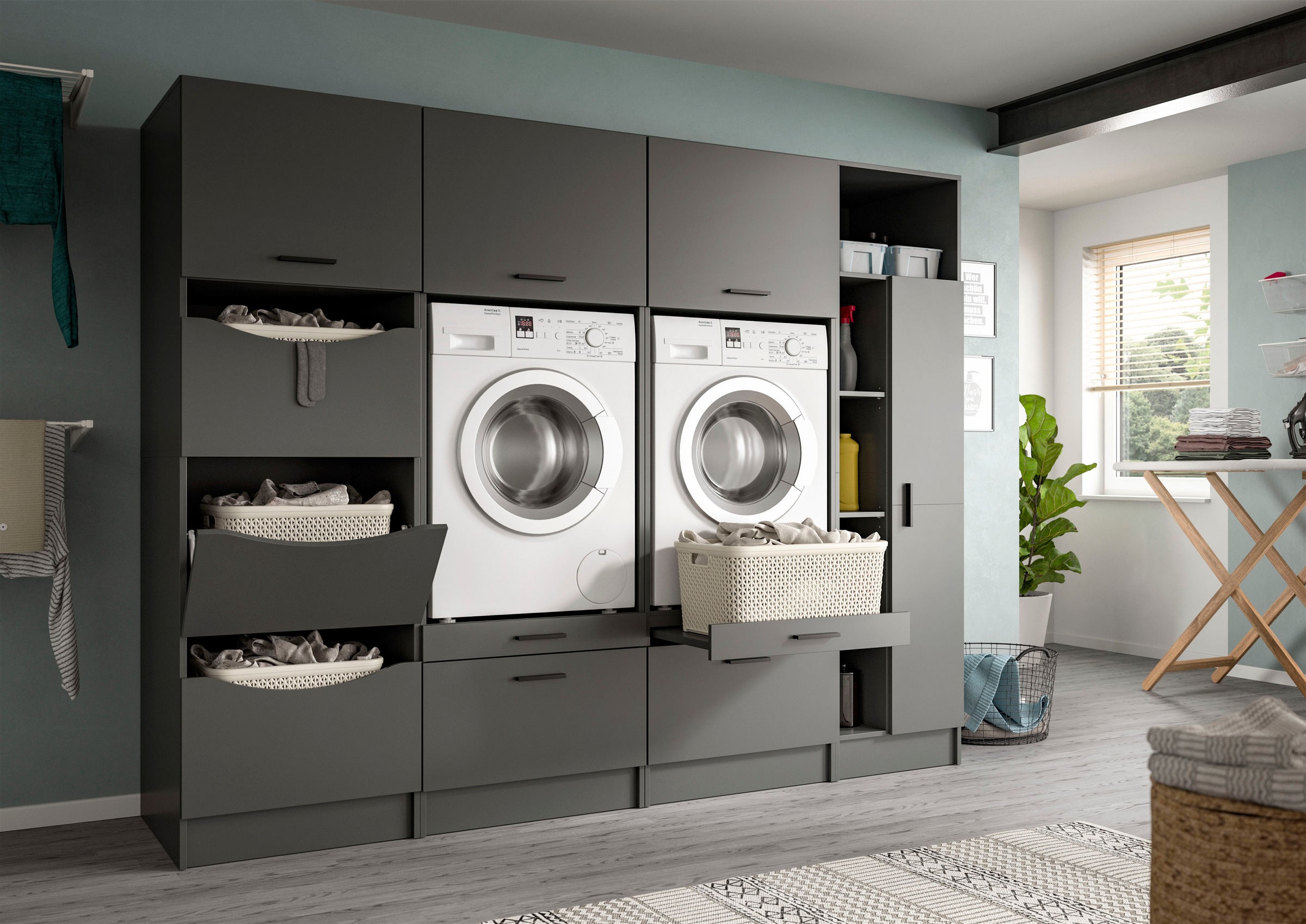 welltime Badmöbel-Set »FALAS, TOPSELLER!, 4-teilig, Hauswirtschaftsraum Set, Breite 292 cm«, (Set, 4 St., 2x Waschmaschinenumbauschrank, 1x Wäscheschrank & 1x Mehrzweckschrank), Kombination, Waschmaschinenumbau, Waschmaschinenschrank, Wäschekammer