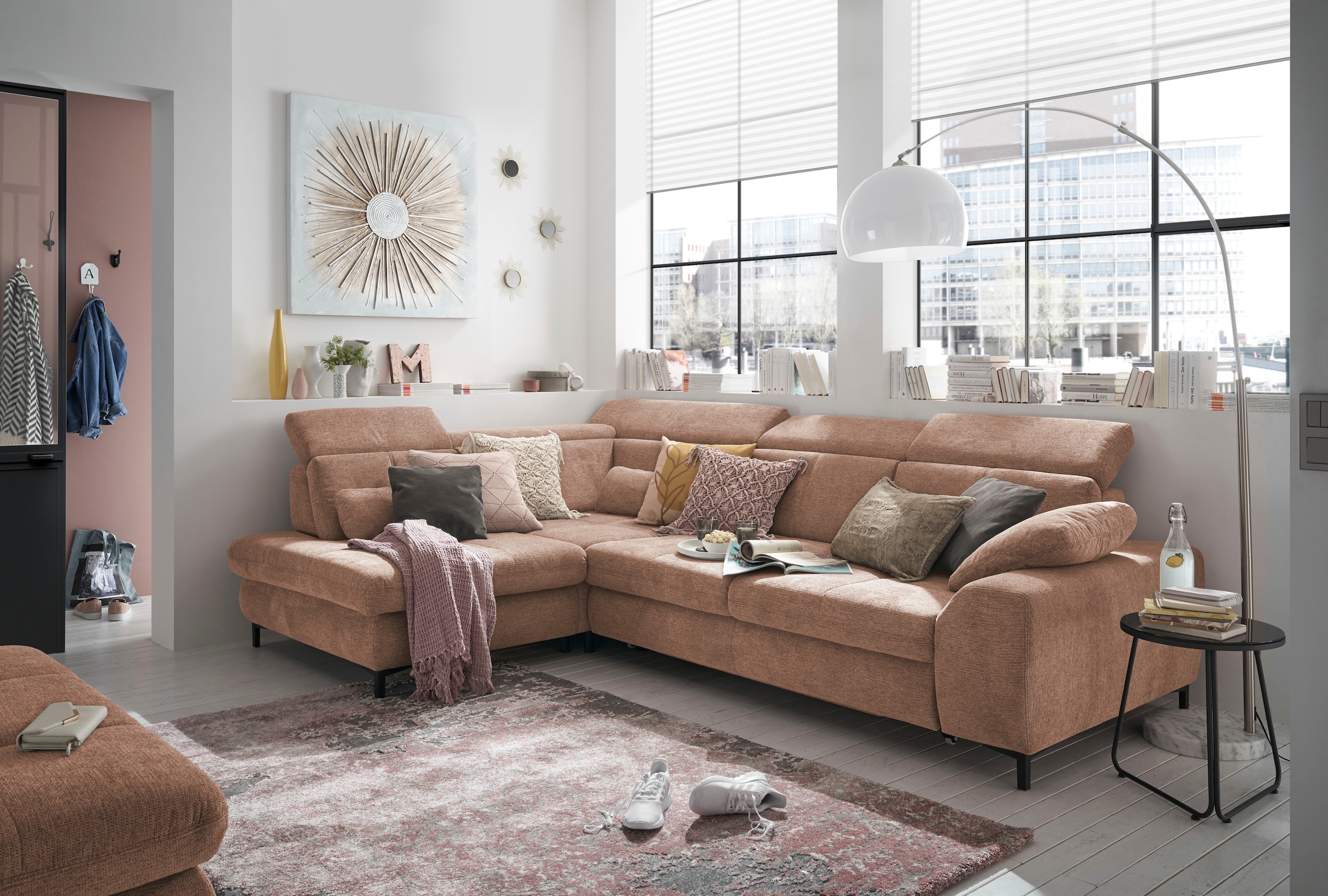 set one by Musterring Ecksofa »SO 3400 Sitzhöhe 47cm oder 49cm, Sitztiefe verstellbar, B/T 317/220 cm«, Kaltschaumpolsterung, Flachgewebe, whlw. mit Funktionen, Sitzhöhe 47
