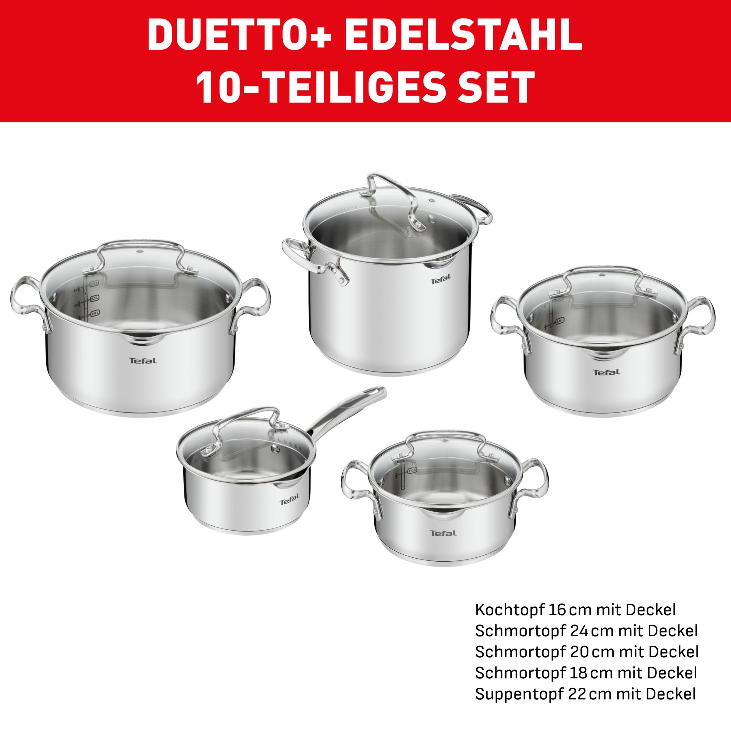 Tefal Topf-Set »Duetto+, Kochtopf Set mit Glasdeckel« Set, Stieltopf 16 cm, Schmortöpfe 18/20/24 cm, Suppentopf 22 cm, 10 tlg. Edelstahl