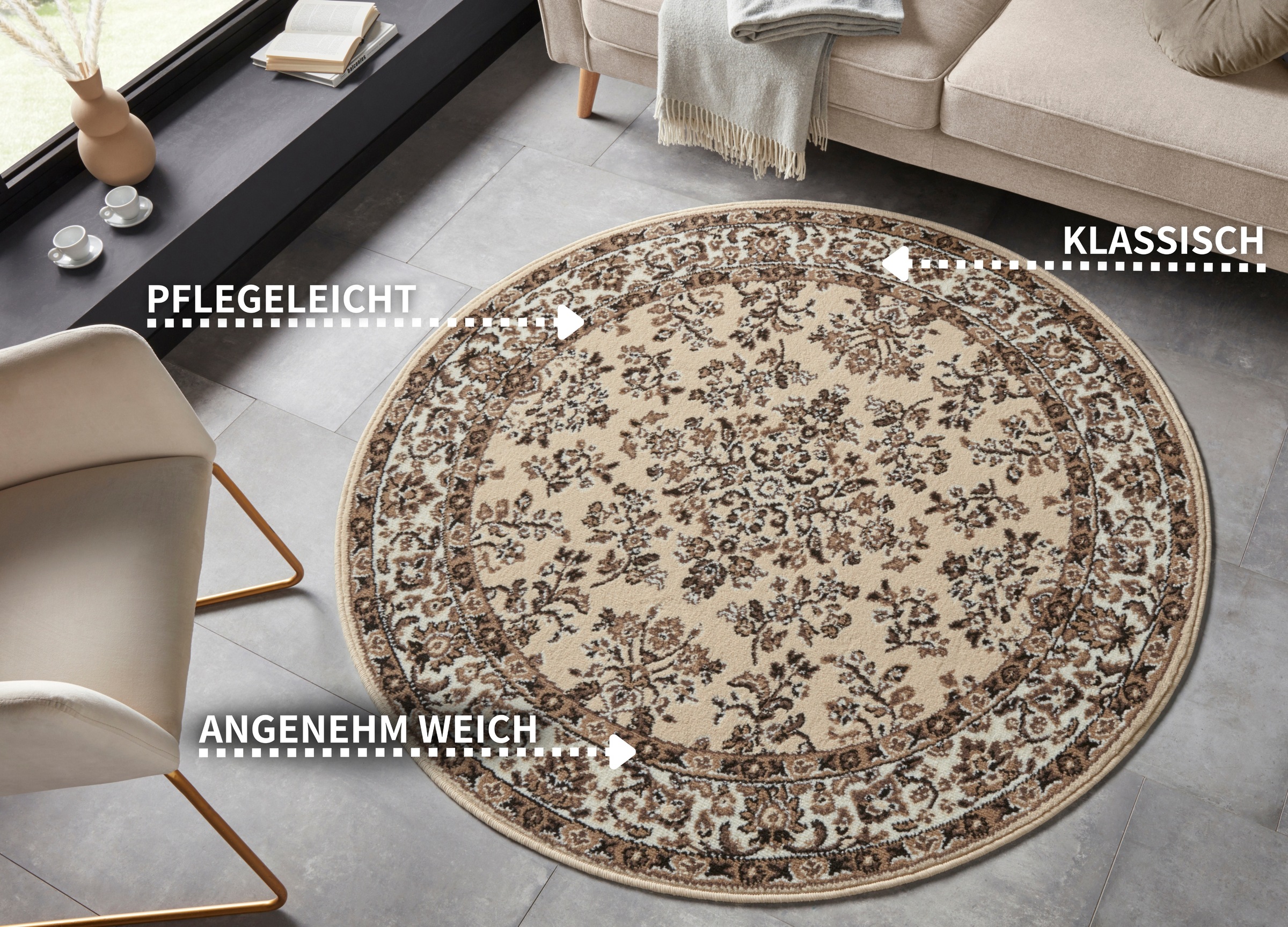 Thumbnail - HANSE Home Teppich "Halton", rund, 8 mm Höhe, Kurzflor, Orient Optik, mit Bordüre, robust, pflegeleicht, gekettelt