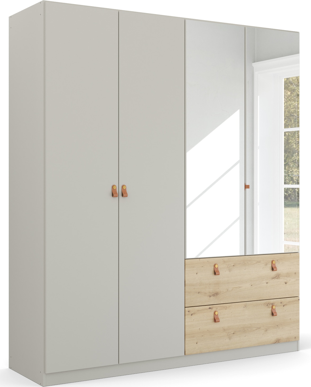 rauch "Kleiderschrank Schrank Garderobe Ankleide HOMEY BY QUADRA SPIN" Breiten: 181/226/271 cm, Höhe 210 cm, mit cognacbraunen Ledergrifflaschen, Schubladen in Eichen-Dekor