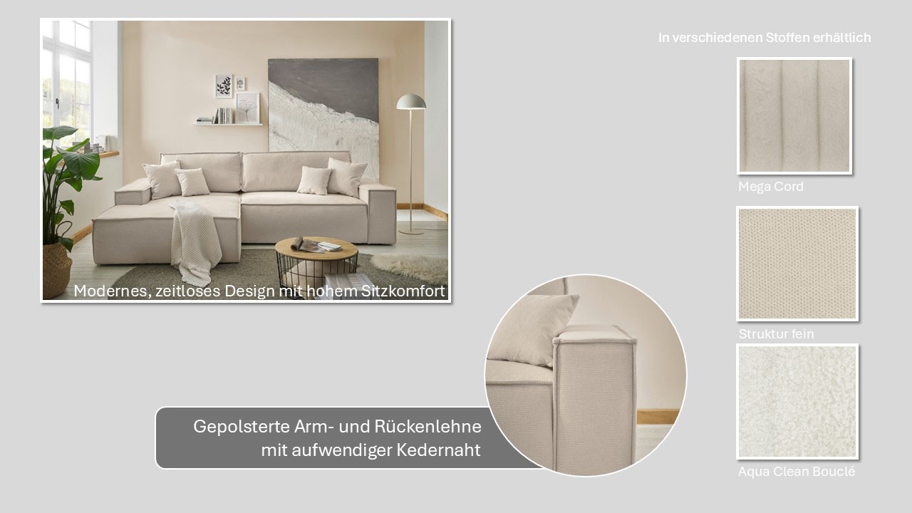 Thumbnail - andas Ecksofa "FINNLEY Schlafsofa 267 cm, L-Form mit Schlaffunktion & Bettkasten" Schlaffunktion m. Bettkasten (136/210 ...