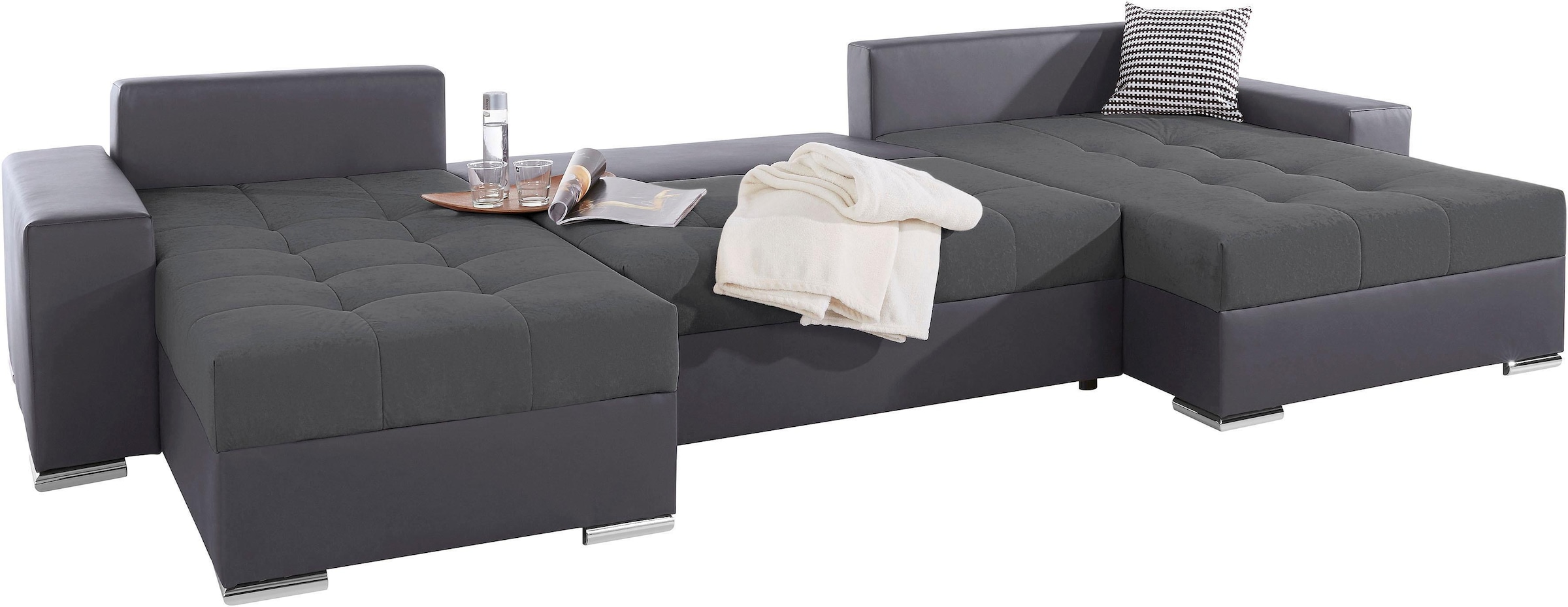COLLECTION AB Wohnlandschaft »XL-Josy U-Form, Breite 313 cm, Kunstleder-Mix, Microfaser«, inkl. Bettfunktion, Bettkasten, mit 4 gleich großen Rückenkissen