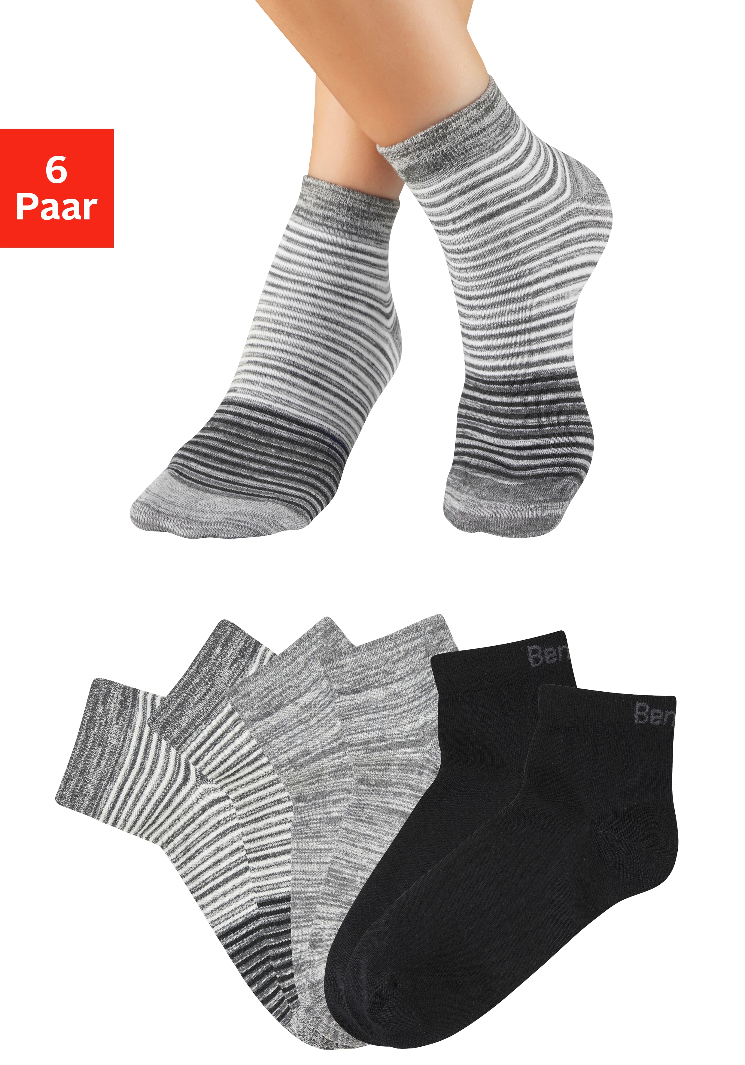 Bench. Kurzsocken "Damen und Herren meliert und uni" Packung, 6 Paar tlg. mit ansprechendem Streifen- Design und uni