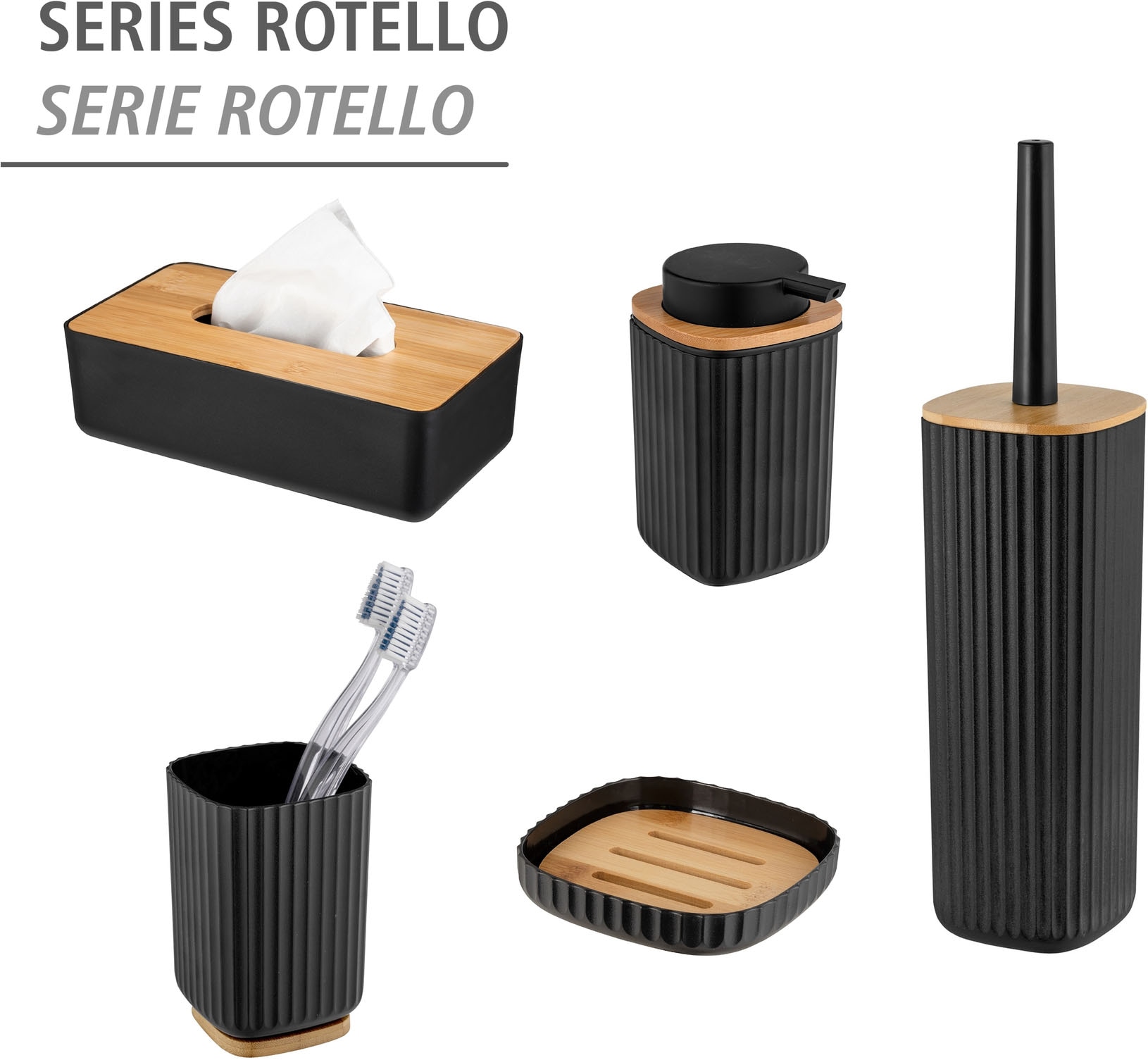 WENKO WC-Garnitur »Rotello« aus Bambus | Kunststoff schwarz, mit geschlosssener Form