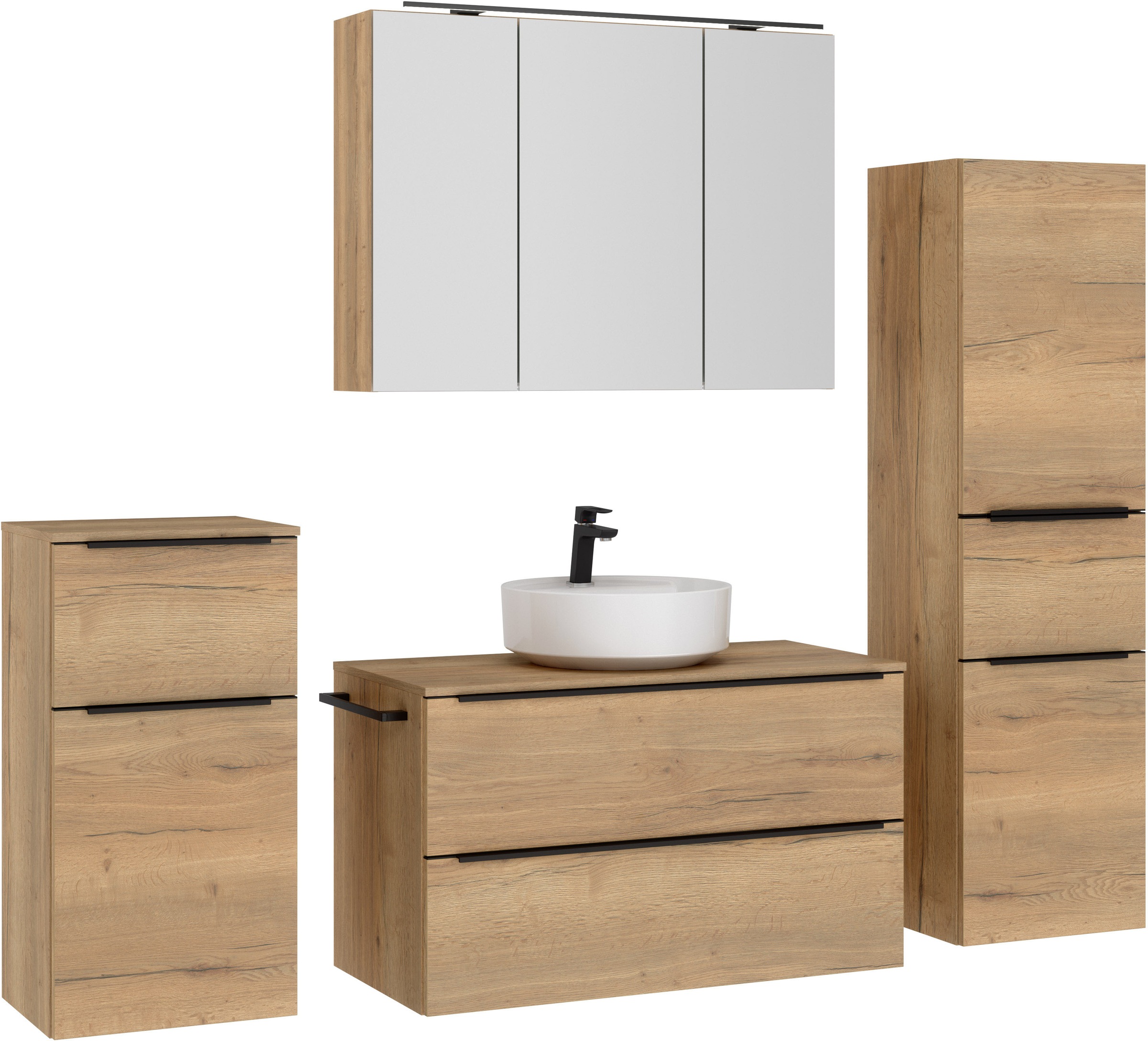 nobilia® Badmöbel-Set »Alvene«, (4 St., vormontiert, mit Soft-Close), inkl. Spiegelschrank mit Beleuchtung und Dimmerfunktion, in 4 Breiten