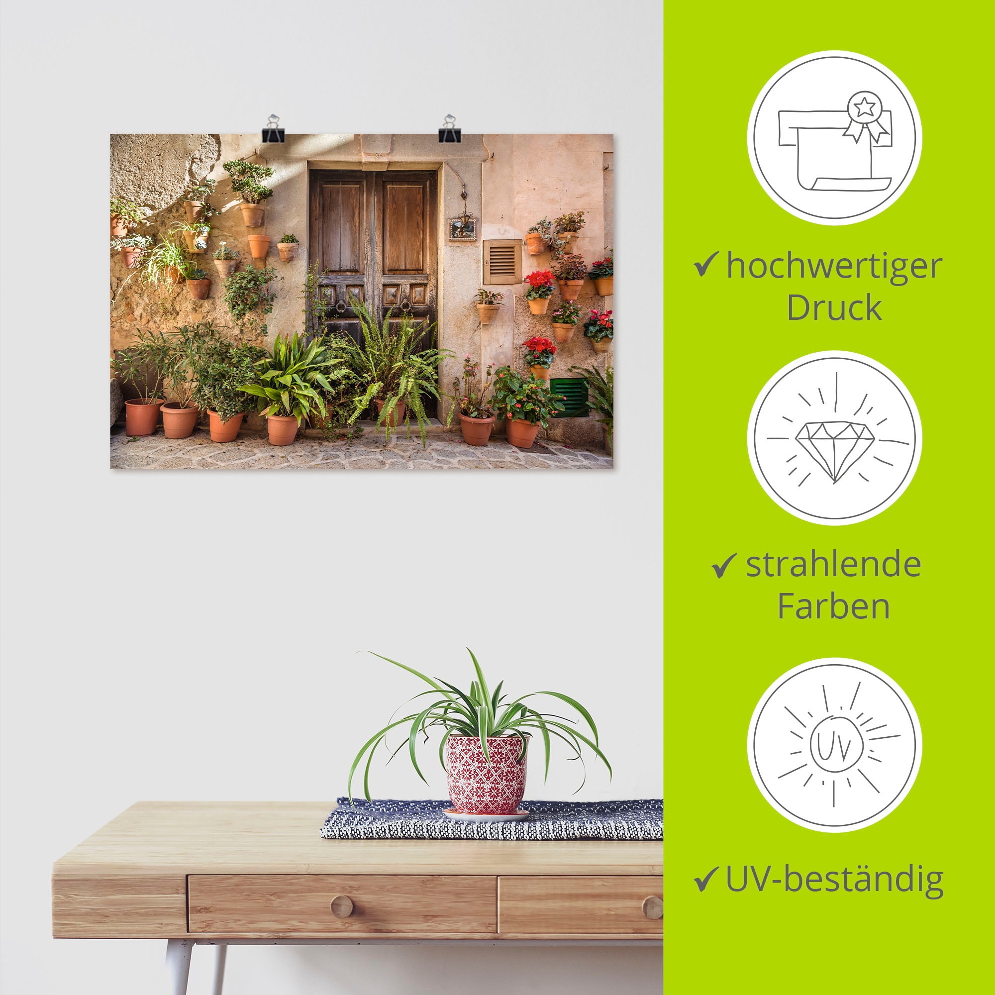 Artland Wandbild »Altstadtgasse Mallorca, Spanien«, Pflanzenbilder, (1 St.), als Alubild, Outdoorbild, Leinwandbild, Poster, Wandaufkleber