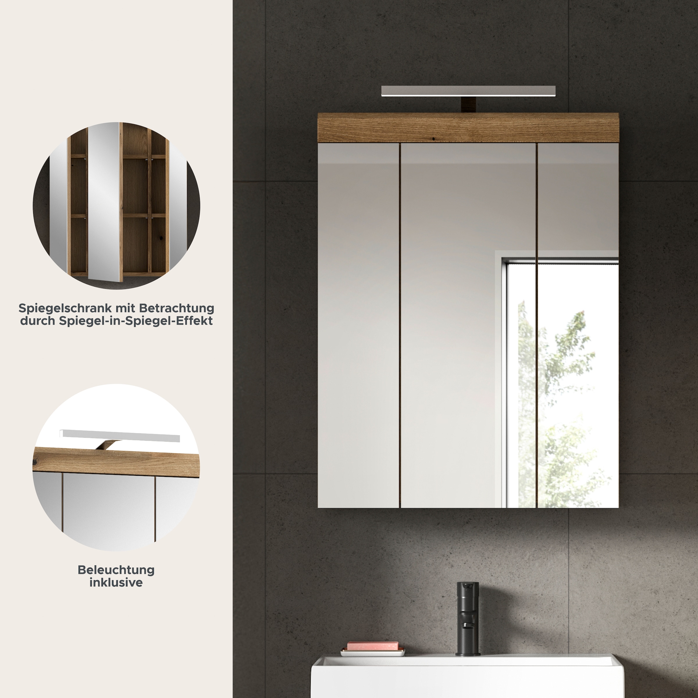 welltime Badezimmerspiegelschrank »SIENA, Breite 60cm, inkl. Beleuchtung, 3 Spiegeltüren, 9 Fächer« Set, TOPSELLER!,  in verschiedenen Farben erhältlich, Badmöbel, Badschrank, Schrank, Bad
