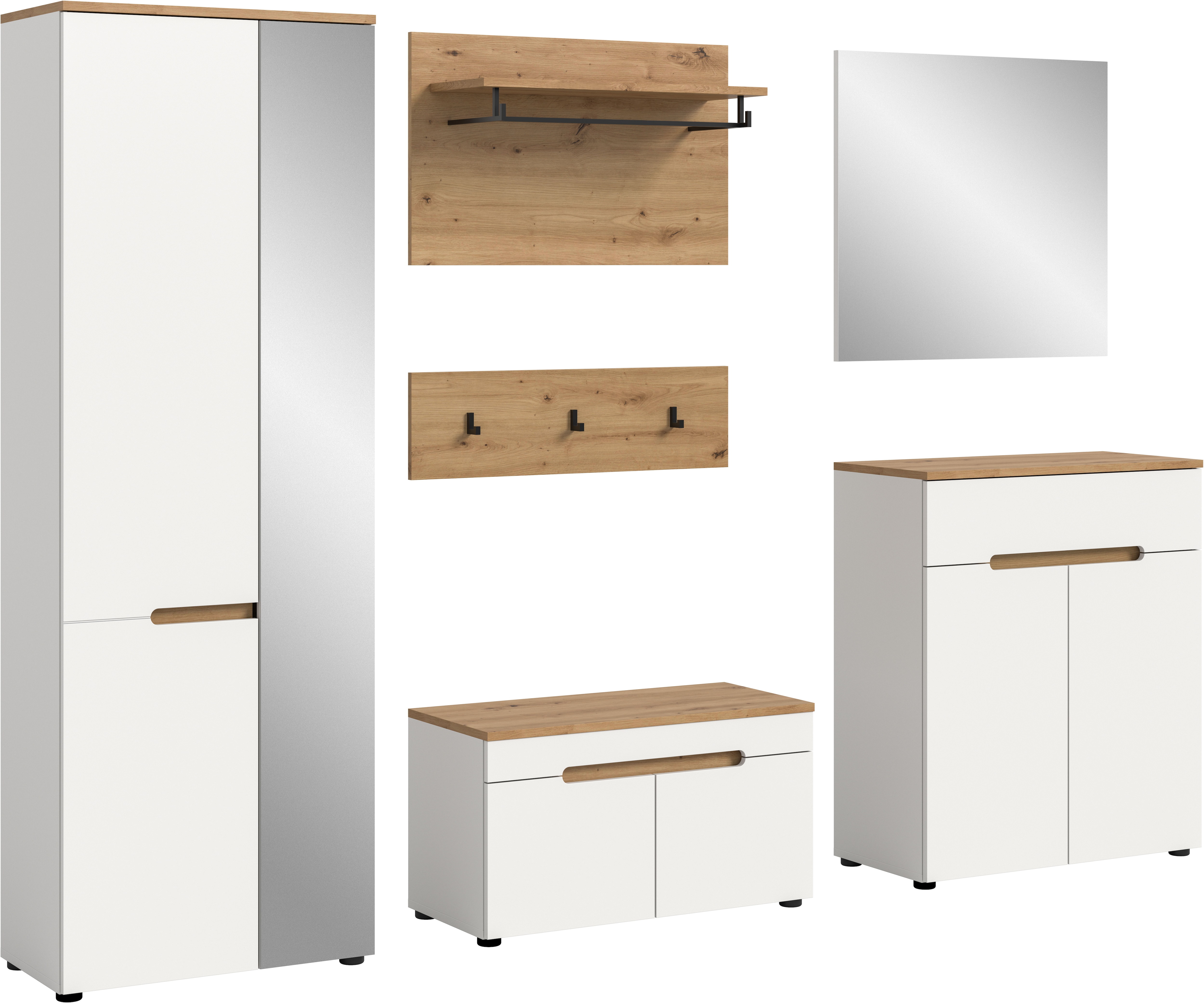 Home affaire Garderoben-Set "Rehat, Garderobenkombination, Breite 255cm" Set, Garderobenschrank, Sitzbank, Paneel, Hakenleiste, Spiegel, Kommode, 6 Stk. tlg.