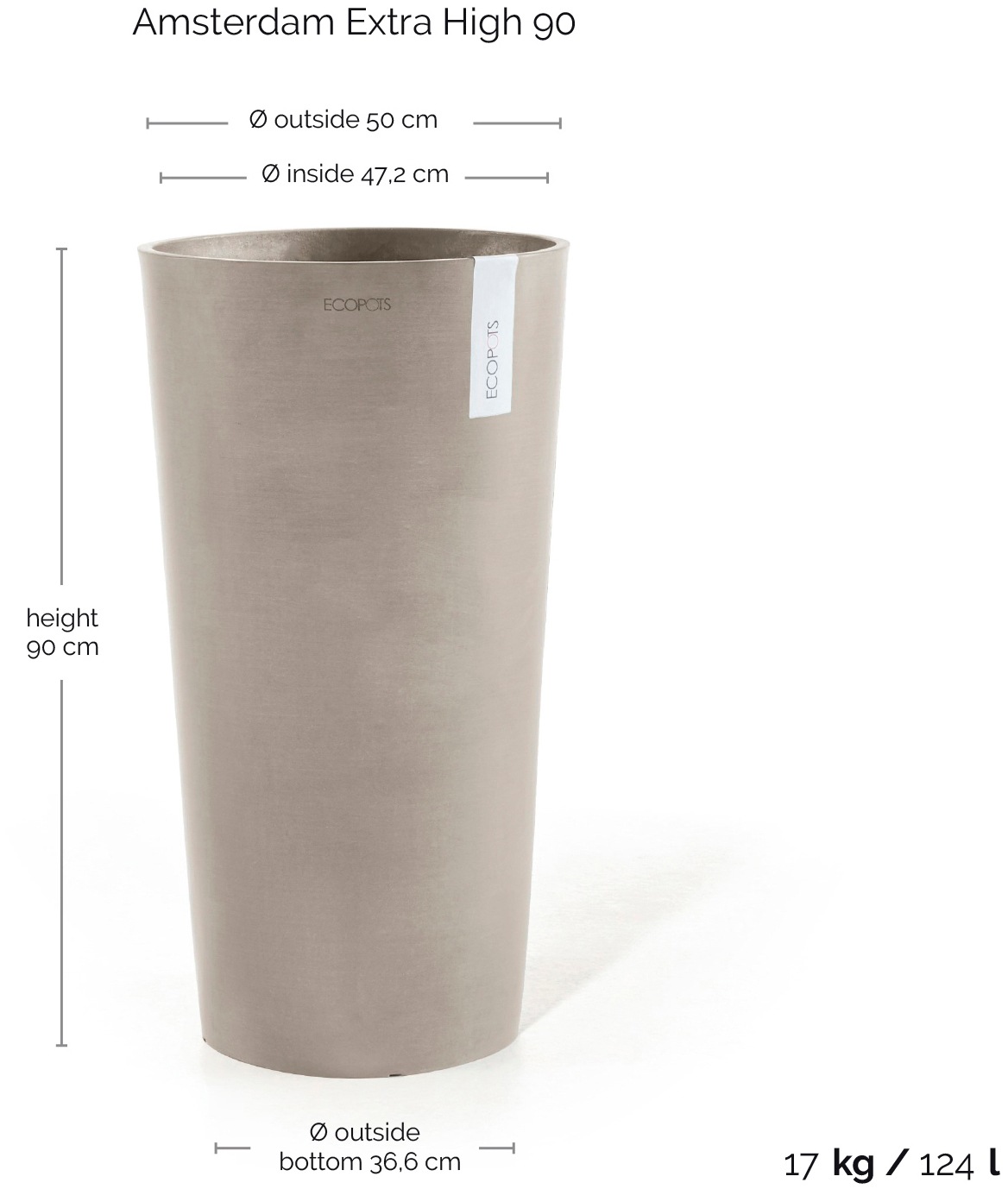 ECOPOTS Blumentopf »Amsterdam extrahoch 90 Taupe«, für innen und außen: frostsicher, bruchsicher und lichtbeständig