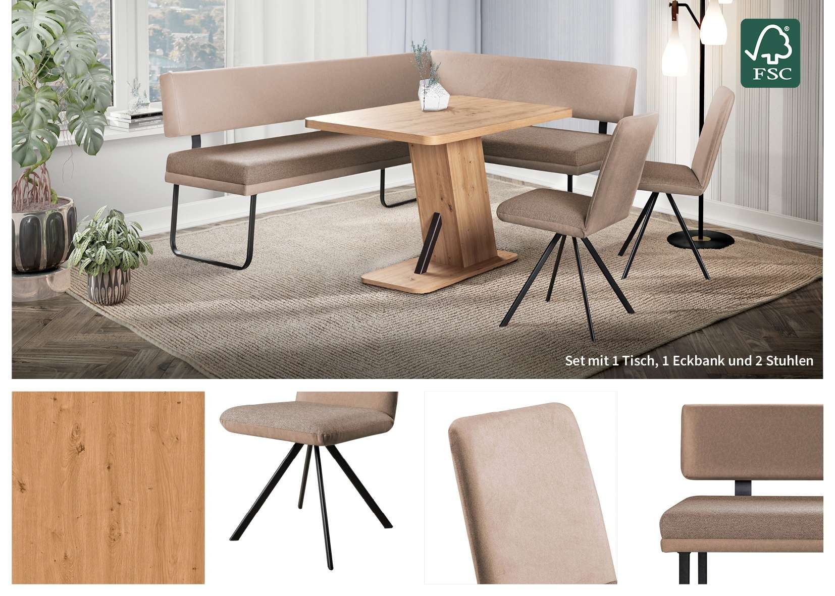 Home affaire Eckbankgruppe »Gabi Essecke, Sitzgruppe, Eckbankgruppe, Küchenbankgruppe« Set, 4tlg, 4 tlg. tlg. Gestell aus matt-schwarzem Flachmetall, stabil, 2-Stoff-Design