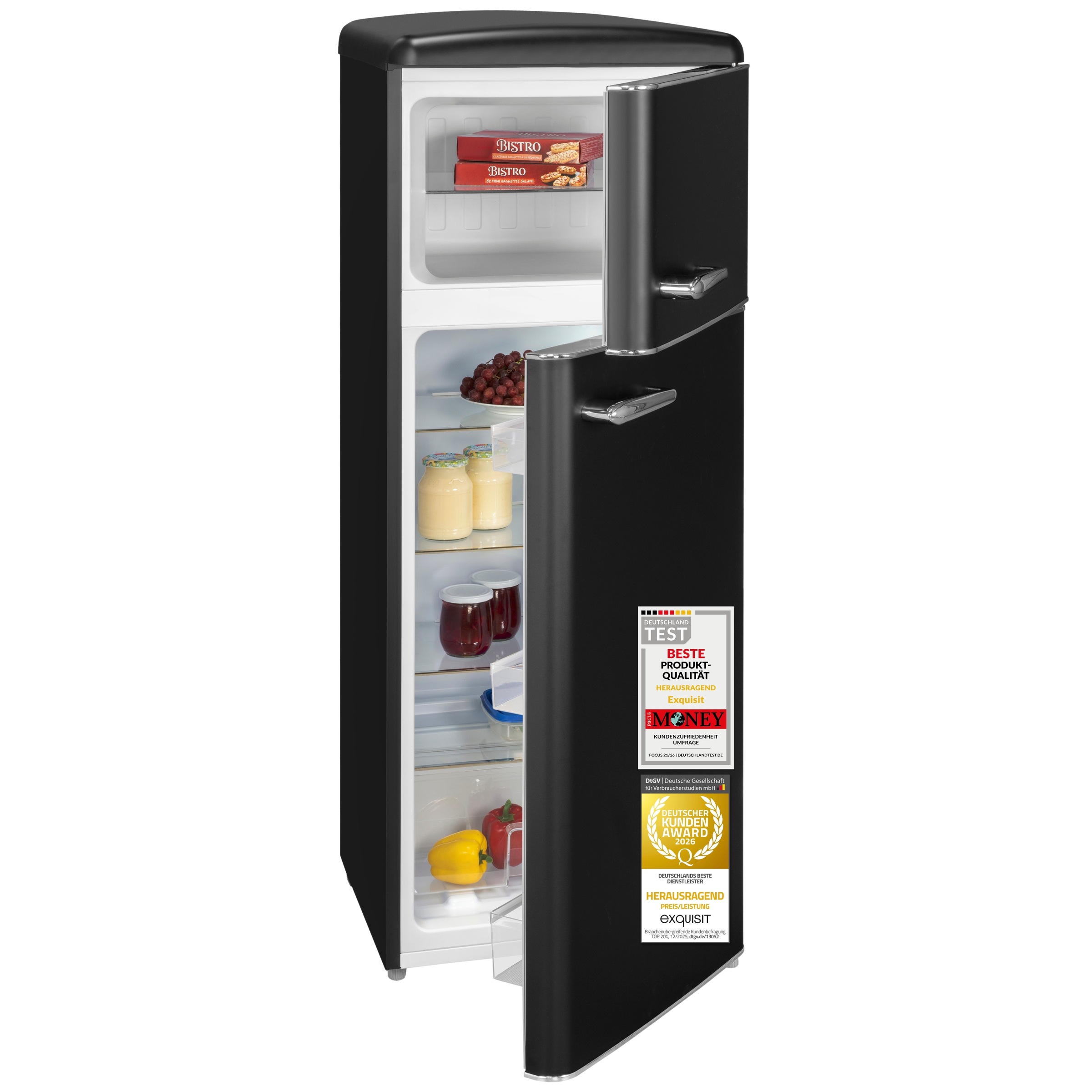 exquisit Kühl-/Gefrierkombination »RKGC270-45-H-160C mattschwarz« 146,5 cm hoch 54,5 cm breit LED-Beleuchtung, verstellbare Glasböden, Retro-Design