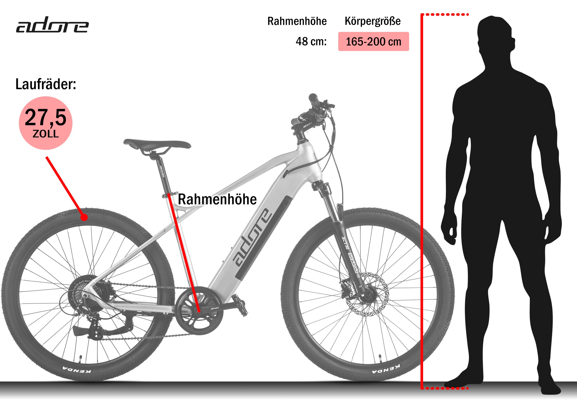 Adore »27,5" GV-650 Heckmotor 50NM / 15Ah Brushed Silver matt« 8 Gang Shimano Altus Schaltwerk Kettenschaltung Heckmotor 250 W Pedelec, Elektrofahrrad für Damen und Herren, MTB