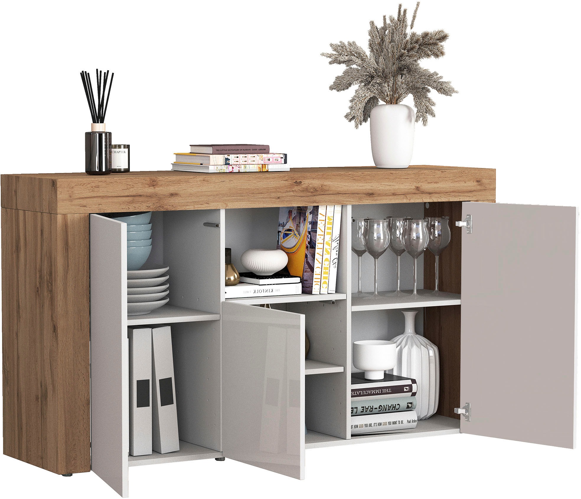 OTTO home Sideboard »CHRONOS Breite 155 cm mit 3 Türen, 1 offenes und 6 geschlossene Fächer« 1 Stk. tlg. Sideboard,Kommode, Schrank, Grifflos mit Push to Open, Made in Italy