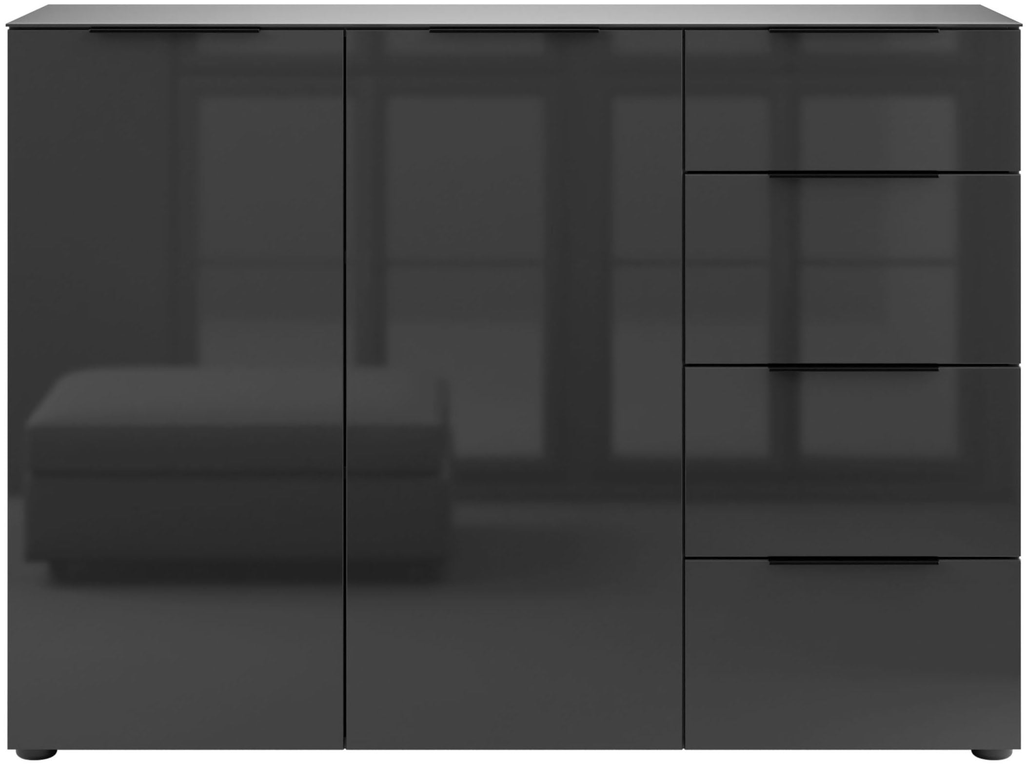 Manjana Möbel Highboard "mit Chrom oder Schwarz matten Metallgriffen & Glasfront, Soft-Close" melaminbeschichteter Korpus, mit Vollauszug, Made in Germany