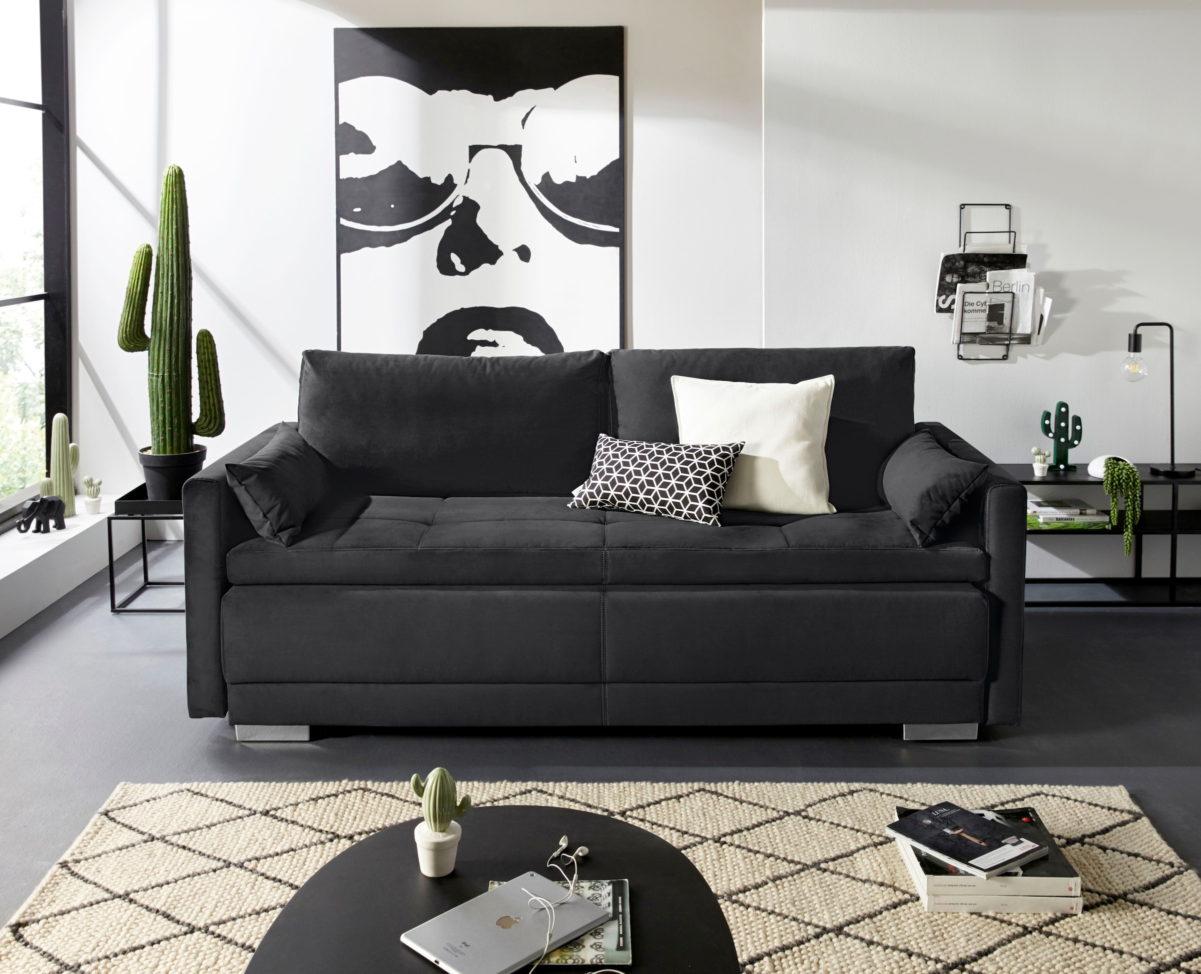 OTTO home 1100000002199 "Berlin, B: 218 cm, Liegel. 160x198 cm, Boxspring" Dauerschlafsofa mit Boxspring inklusive 2 Zierkissen & Bettkasten
