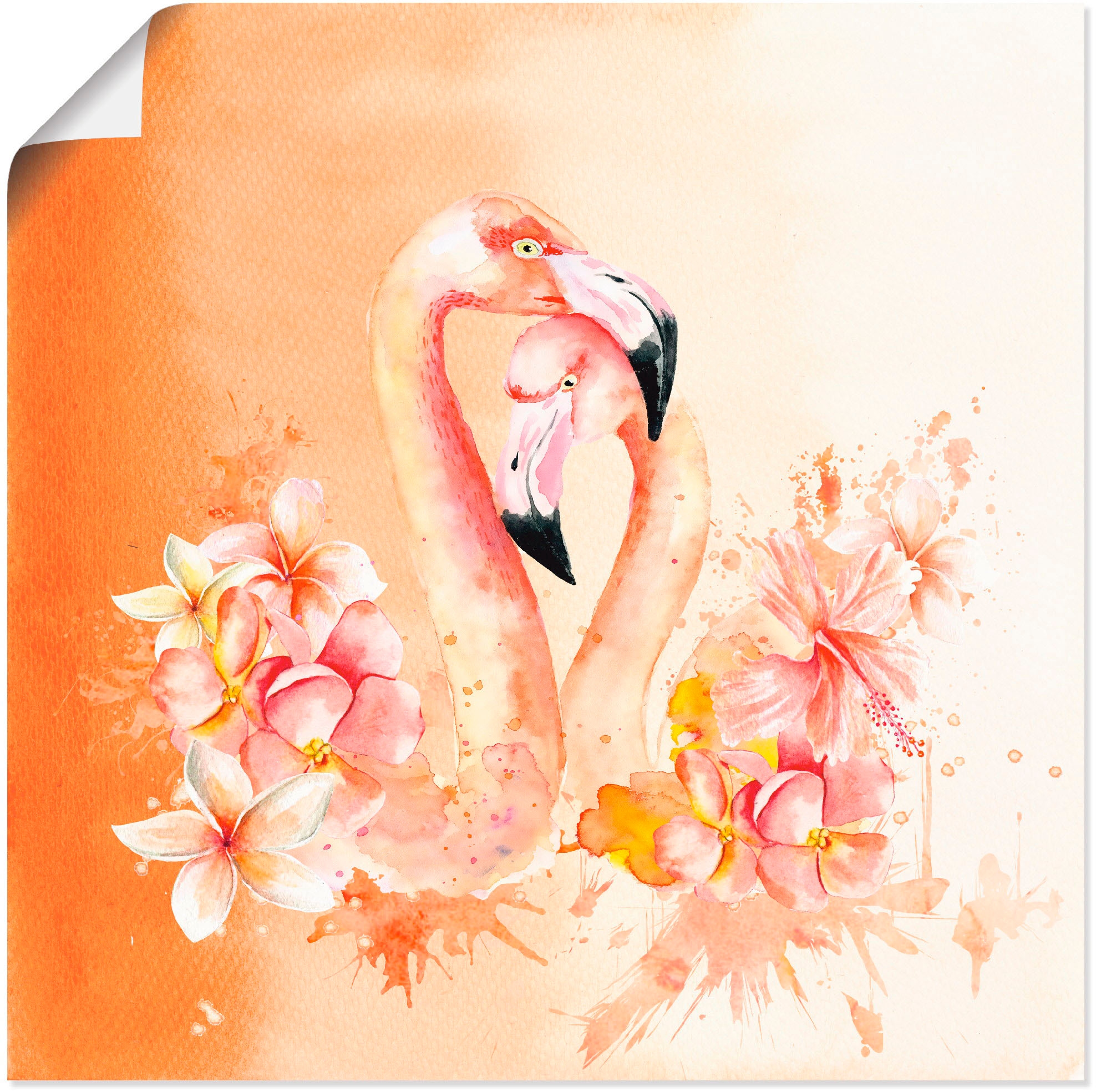Artland Wandbild "Orange Flamingo in Love- Illustration", Vögel, (1 St.), als Leinwandbild, Poster in verschied. Größen