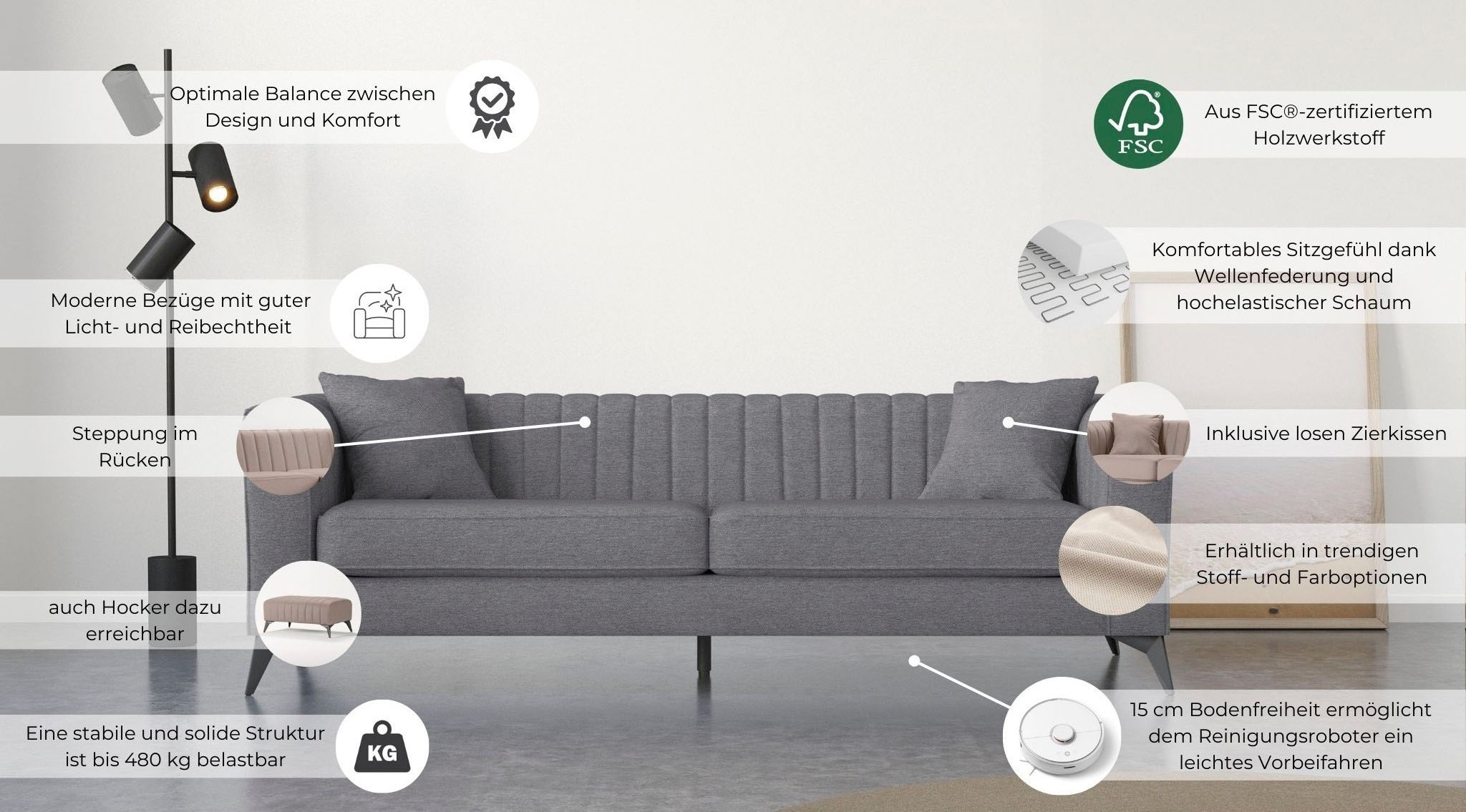 Places of Style 4-Sitzer »MATTHEW elegantes Designsofa, Maße B/T/H: 231/86/74 cm«, XXL, Steppung im Rücken, lose Sitzkissen, incl 2. Zierkissen
