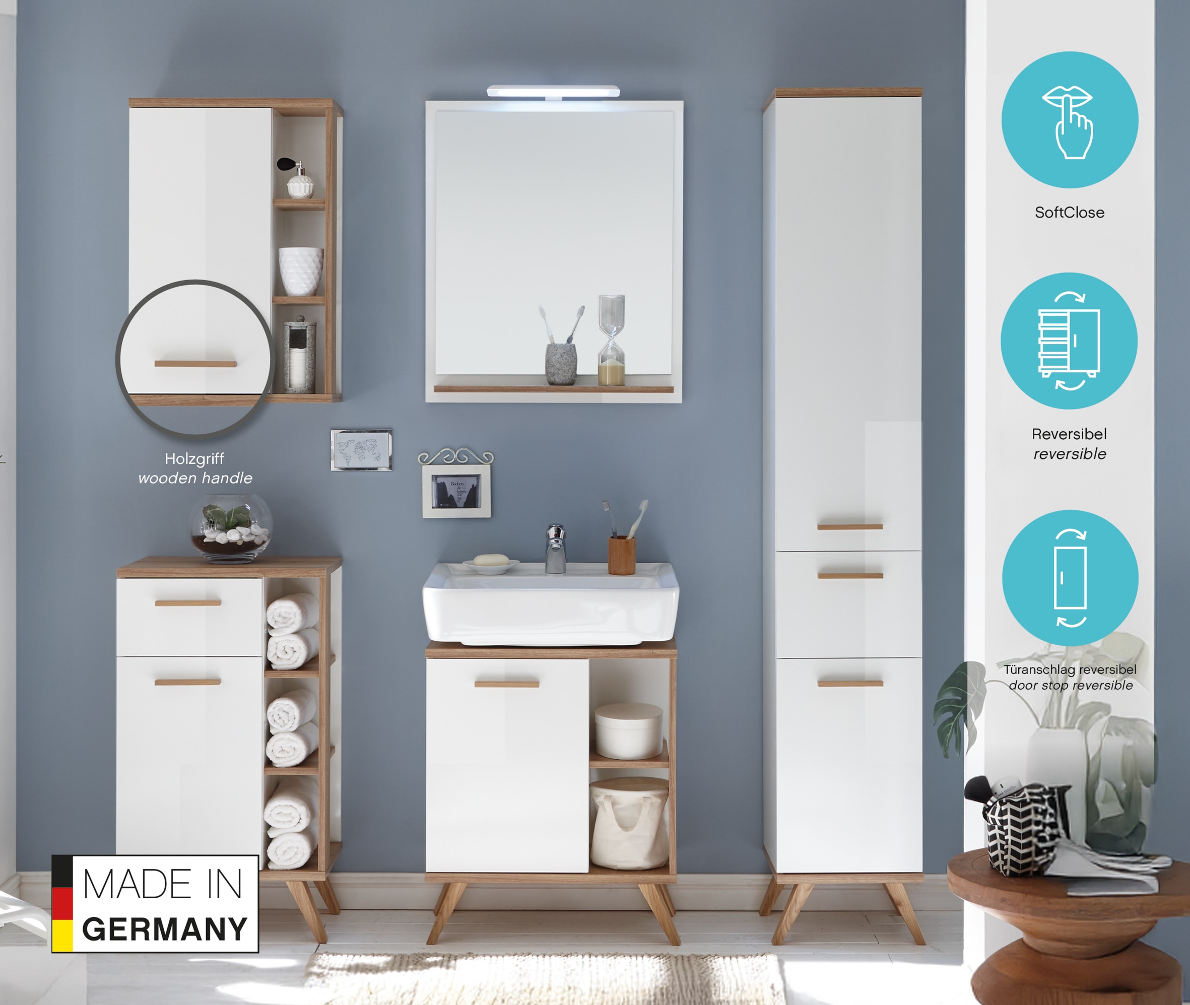 Saphir Hochschrank »Quickset Badschrank 35,5 cm breit, 2 Türen, 1 Schublade« Badezimmer-Hochschrank inkl. Türdämpfer, Holzgriffe