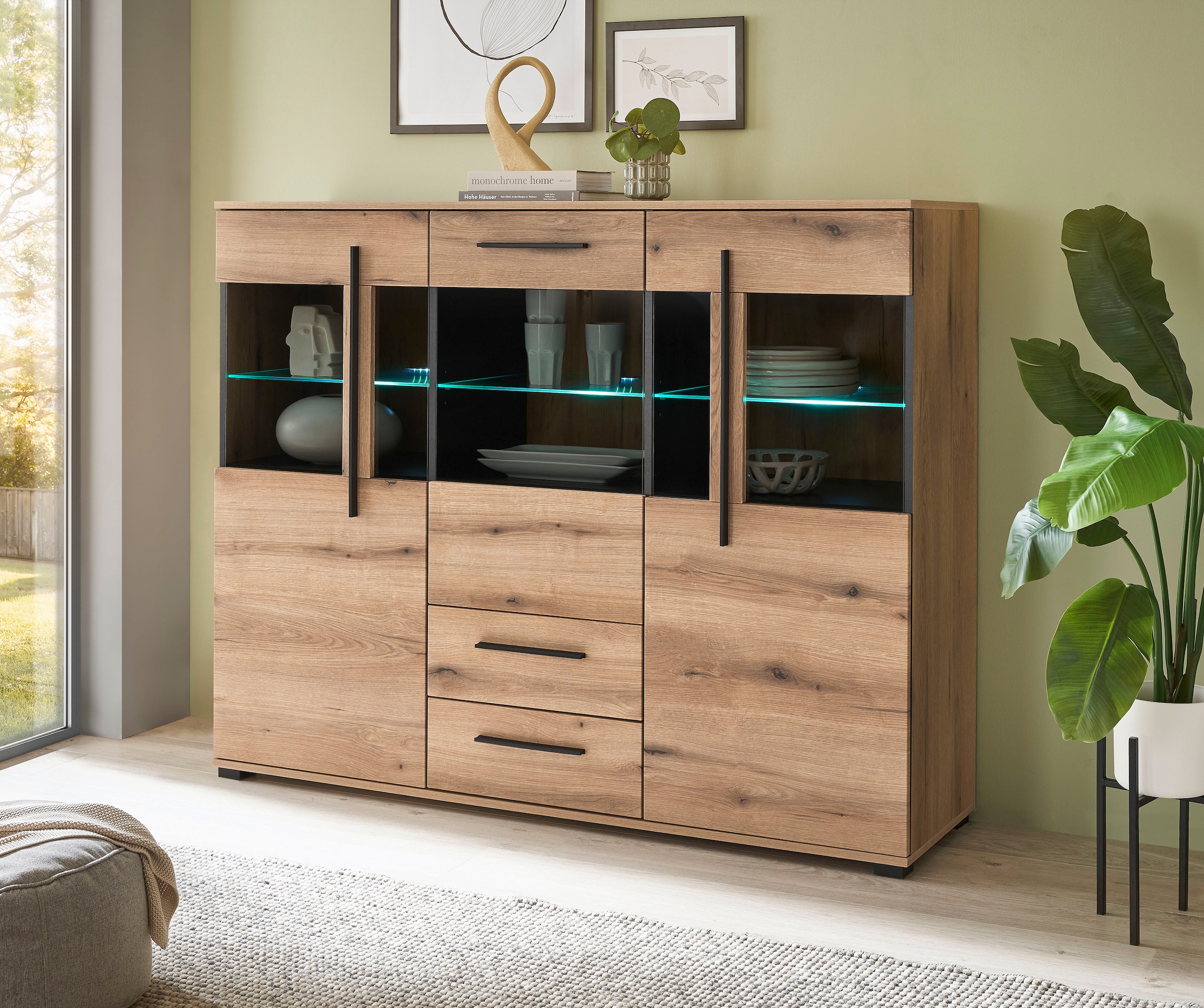 INOSIGN Highboard »Cantara, moderner Schrank, Vitrine in Eiche Dekor oder weiß«, schwarze Stangengriffe, ausreichend Stauraum, vielseitig einsetzbar