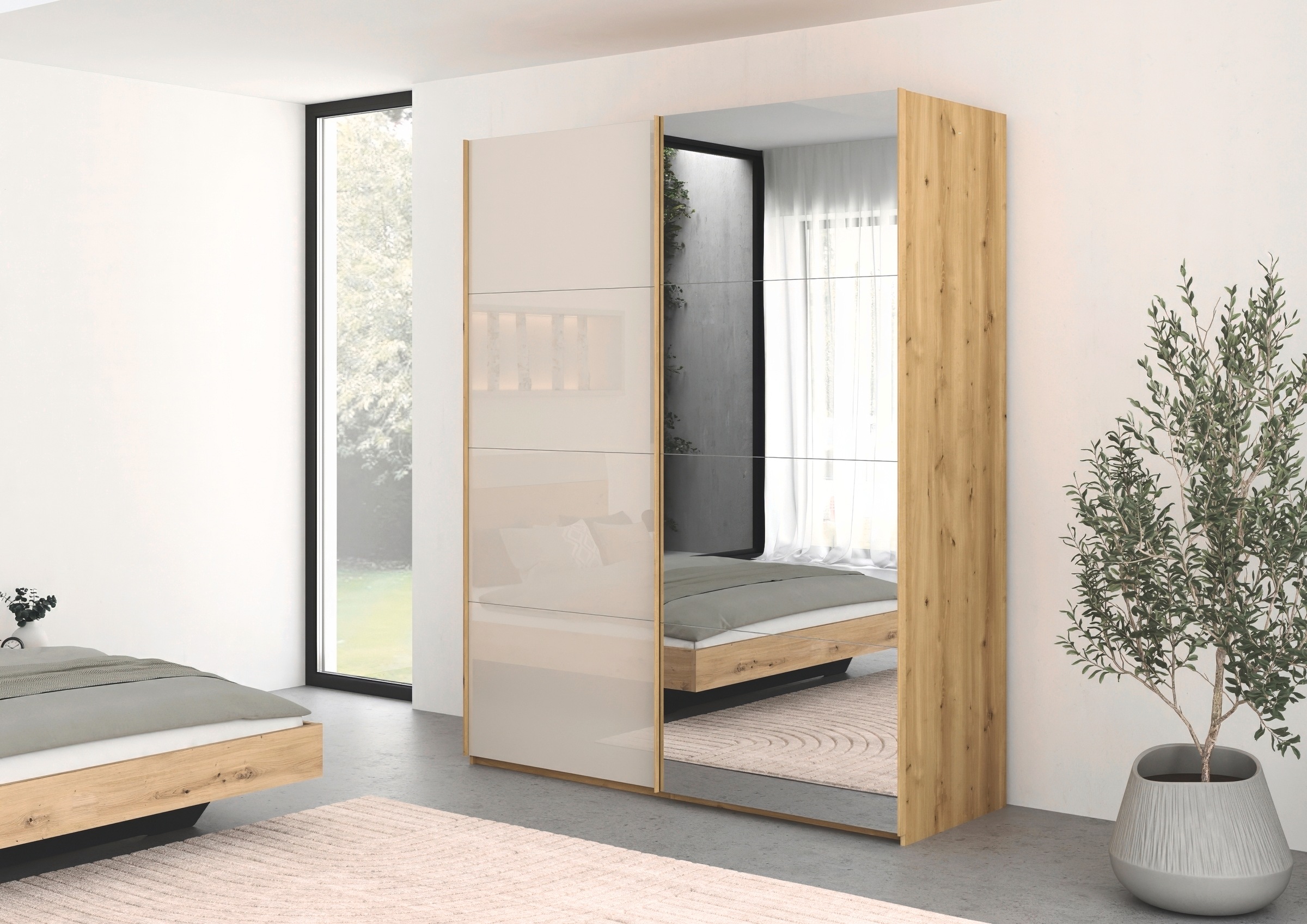 rauch Schwebetürenschrank »Kleiderschrank Schrank Garderobe Schlafzimmerschrank SCALE-FYRA«, edle viergeteilte Türen Spiegel/Glas-Mix viele Farben MADE IN GERMANY