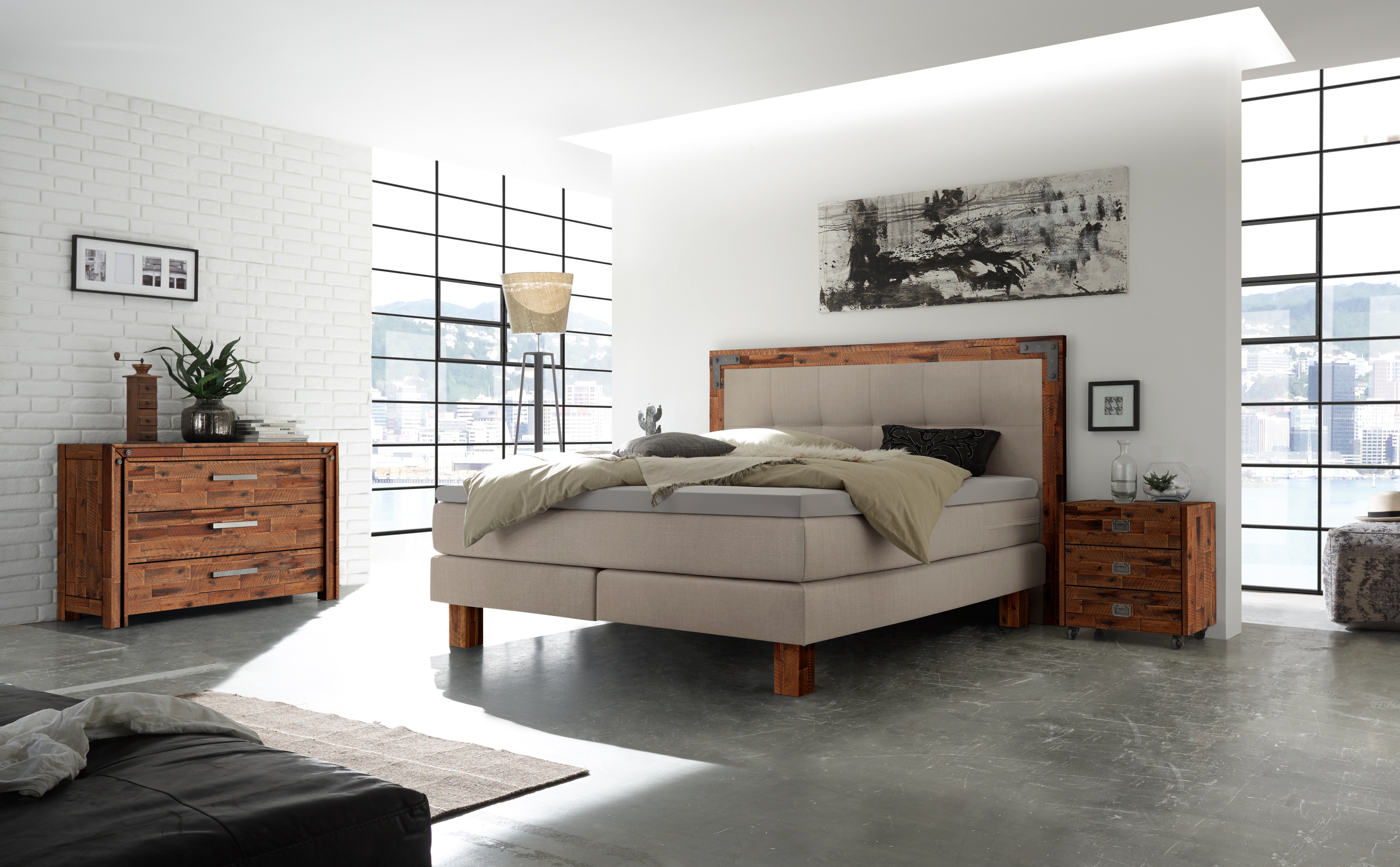 Thumbnail - HASENA Boxspringbett Memphis, im Vintagelook, Massivholz-Umrandung, Tonnentaschen-Federkernmatratze