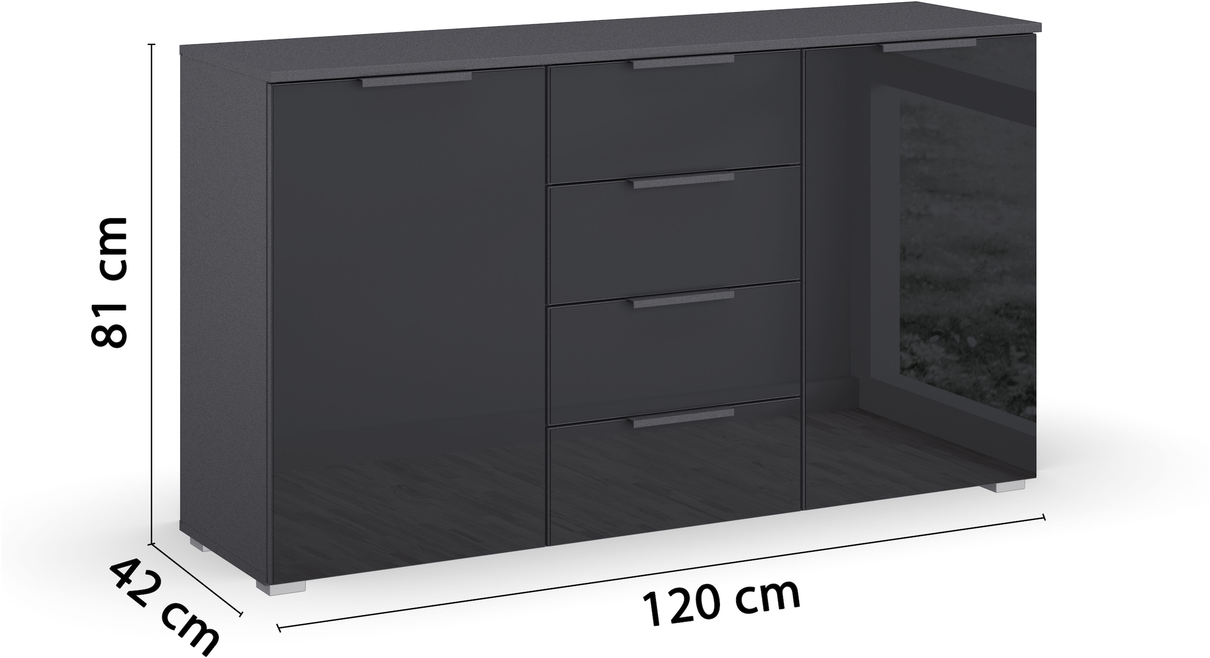 rauch Schubkastenkommode »Sideboard Kommode Kombikommode KOLUNA mit Glasfront«, (Breite 120 cm inkl. Soft-Close-Funktion), vier große Schubladen, mit insgesamt 4 Einlegeböden MADE IN GERMANY