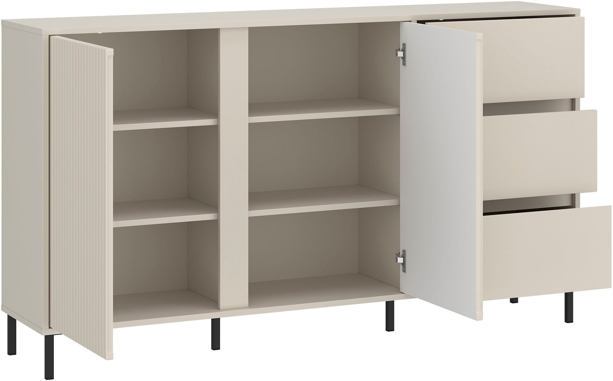 Home affaire Sideboard »viel Stauraum, Soft Close, 2 Türen und 3 Schubkasten« mit Metallfüßen, Breite 158 cm, grifflos, Fronten geriffelt