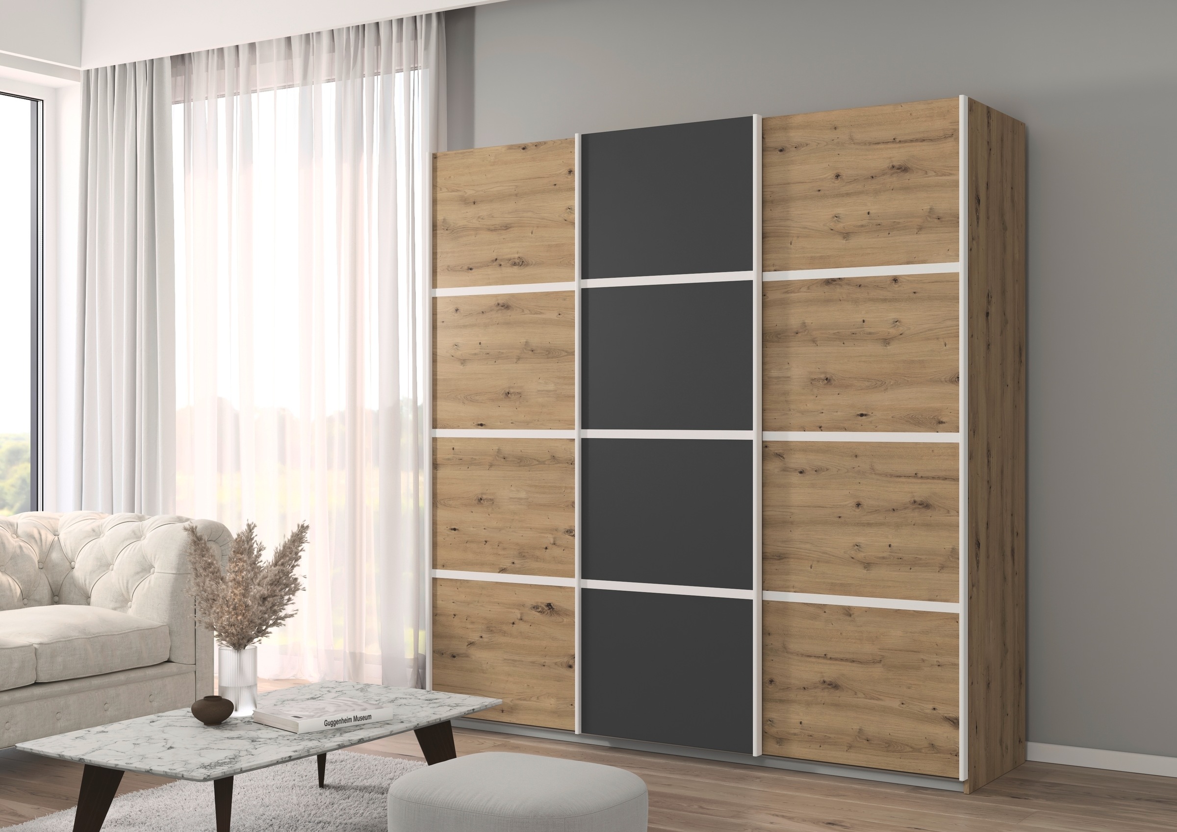 rauch Kleiderschrank »Schwebetürenschrank OTTO´s Choice Garderobe Schrank TOP ANGEBOT Avola«, (in 3 verschiedenen Ausstattungen BASIC/CLASSIC/PREMIUM), mit eleganten Zierleisten in Chrom, Schwarz oder Weiß MADE IN GERMANY