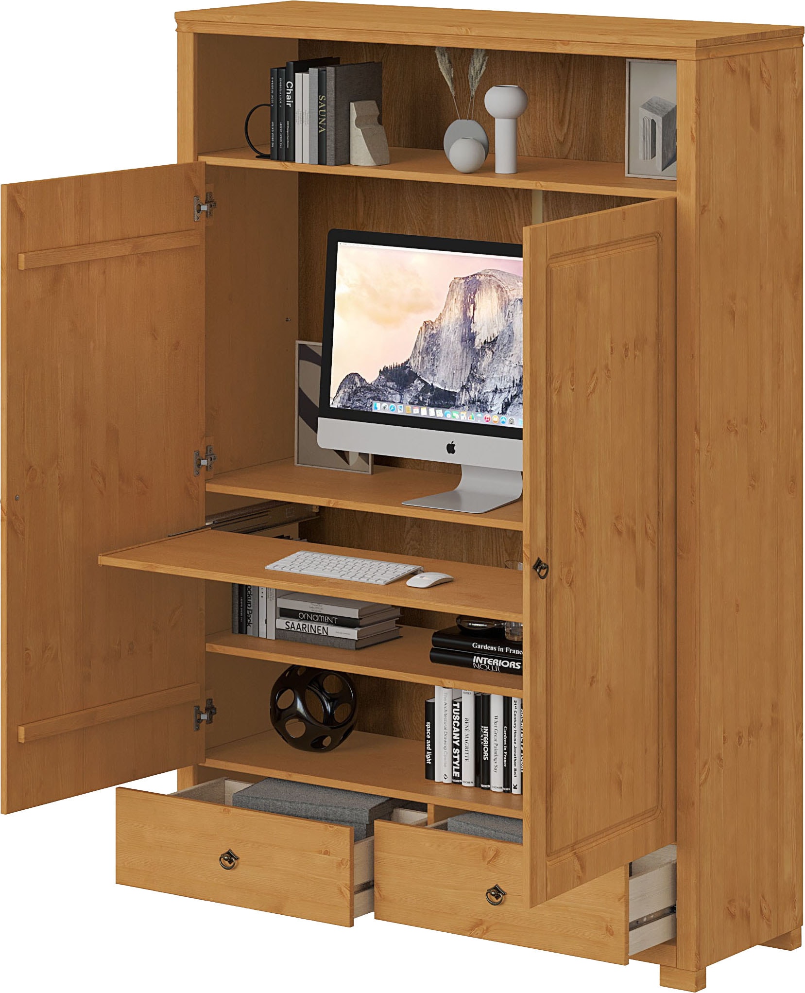 OTTO home Wäscheschrank "Gotland Home Office Schrank, Mehrzweckschrank, Büroschrank" H/B/T ca. 180/125/40cm, mit Ausziehregal, Schublade, stabil + langlebig, Massivholz made in EU