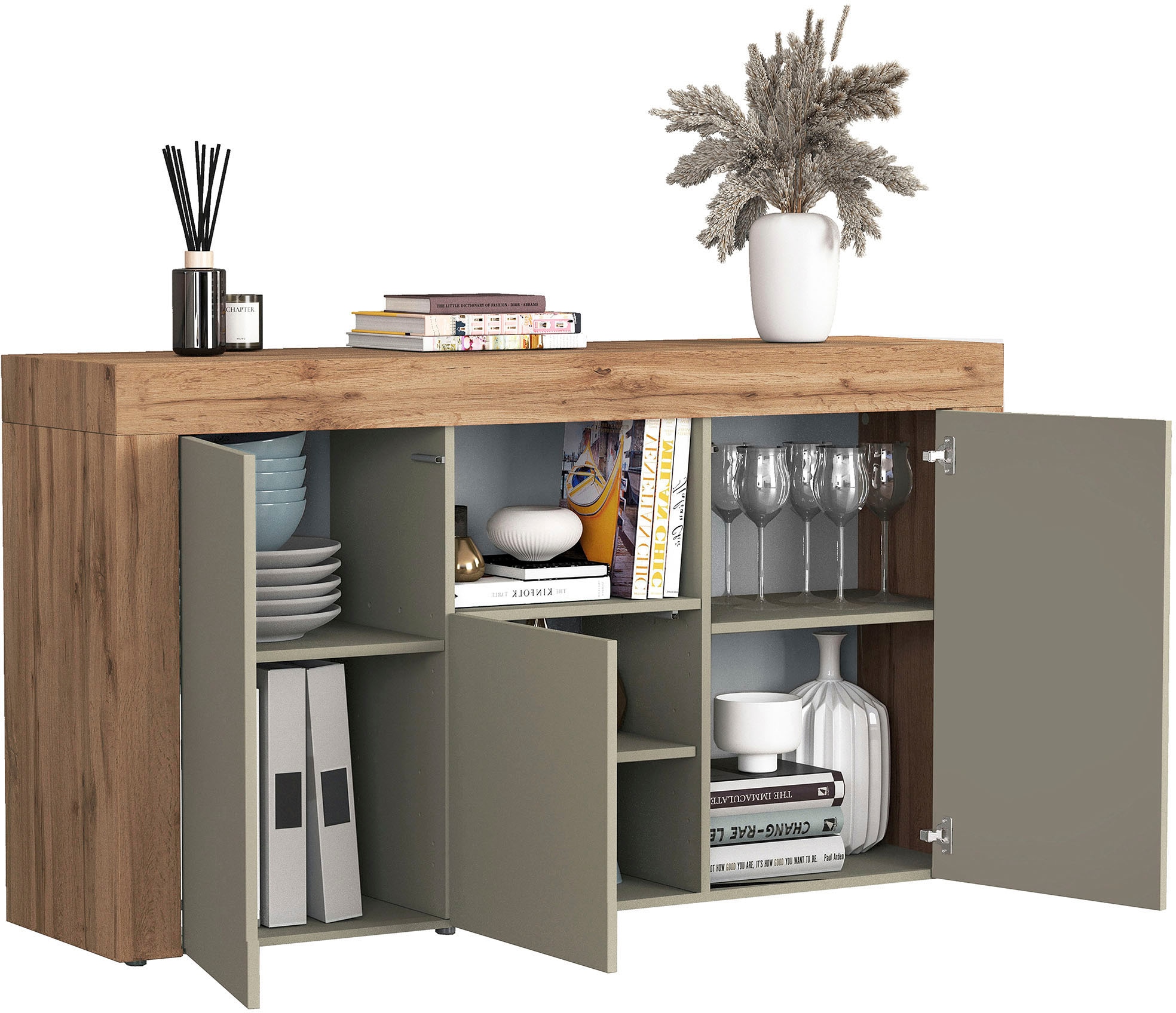 INOSIGN Sideboard »CHRONOS Breite 155 cm mit 3 Türen, 1 offenes und 6 geschlossene Fächer«, (1 St.), Sideboard,Kommode, Schrank, Grifflos mit Push to Open, Made in Italy