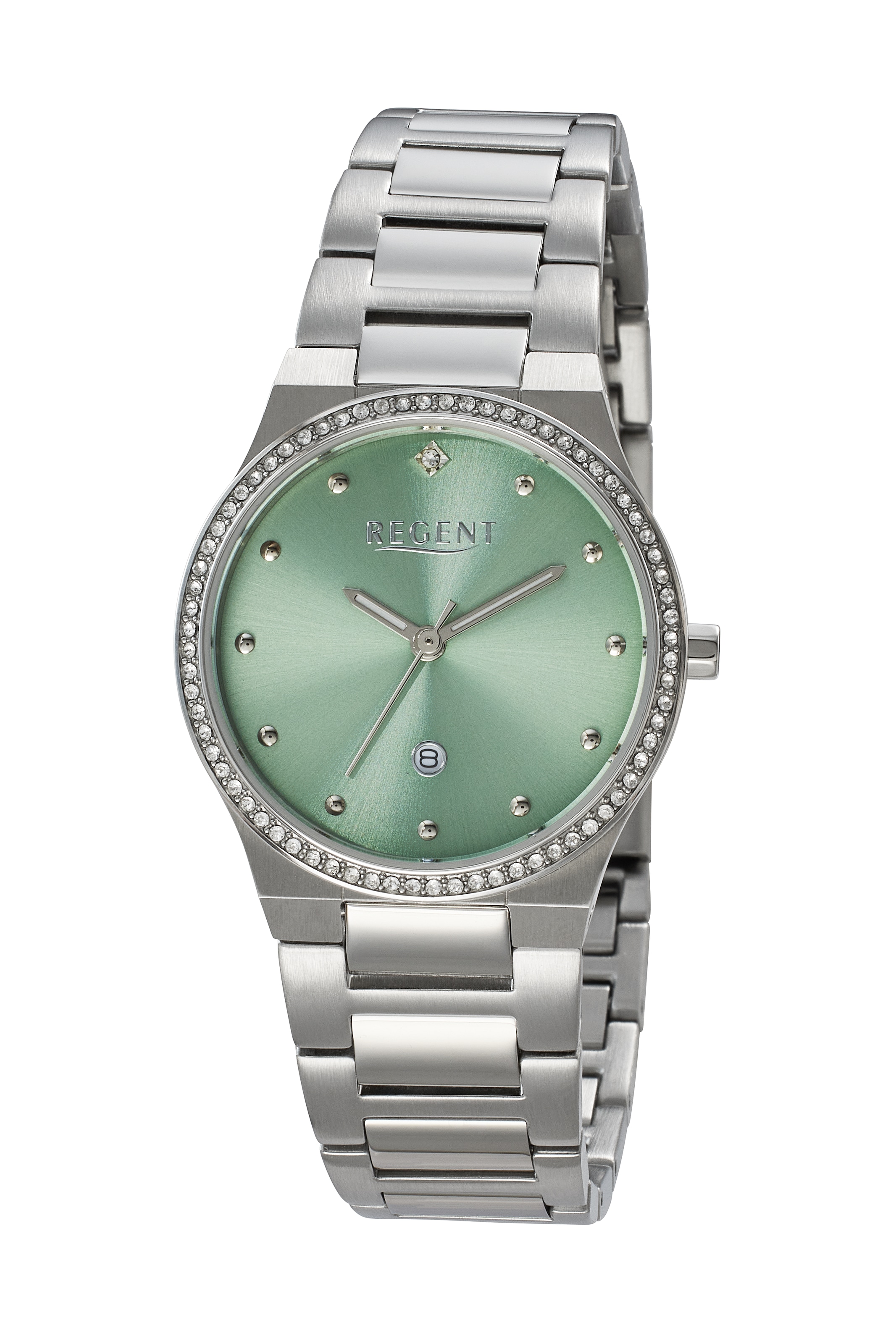 Regent Quarzuhr Armbanduhr, Damenuhr, Edelstahlarmband, analog, Tag, Glassteine