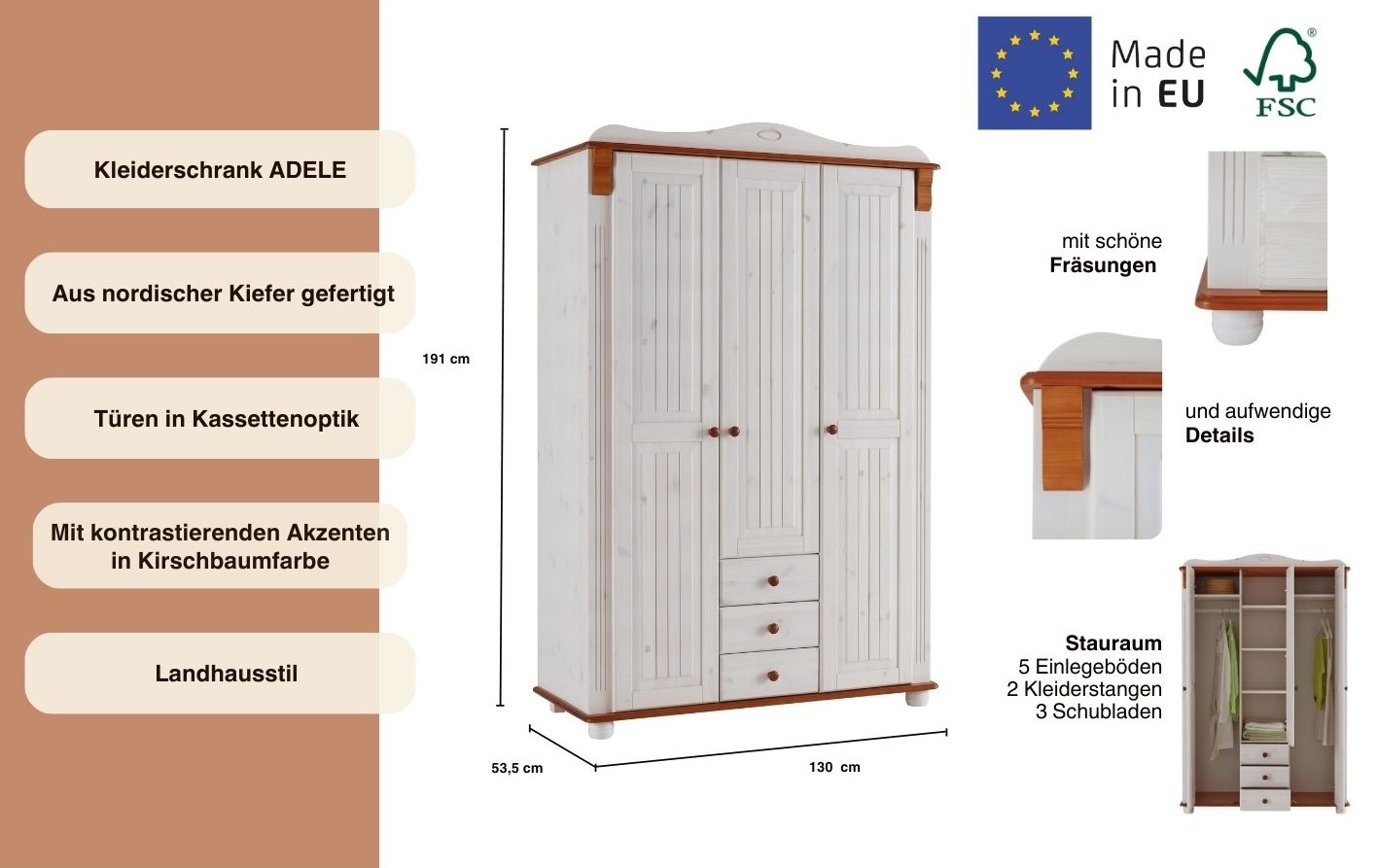 Home affaire Kleiderschrank »Adele«, (4 Breiten: 92/130/169/207 H/T ca. 191/54 cm), aus massiver Kiefer,Spiegel beim 4-und 5-trg.Schrank, Innenausstattung