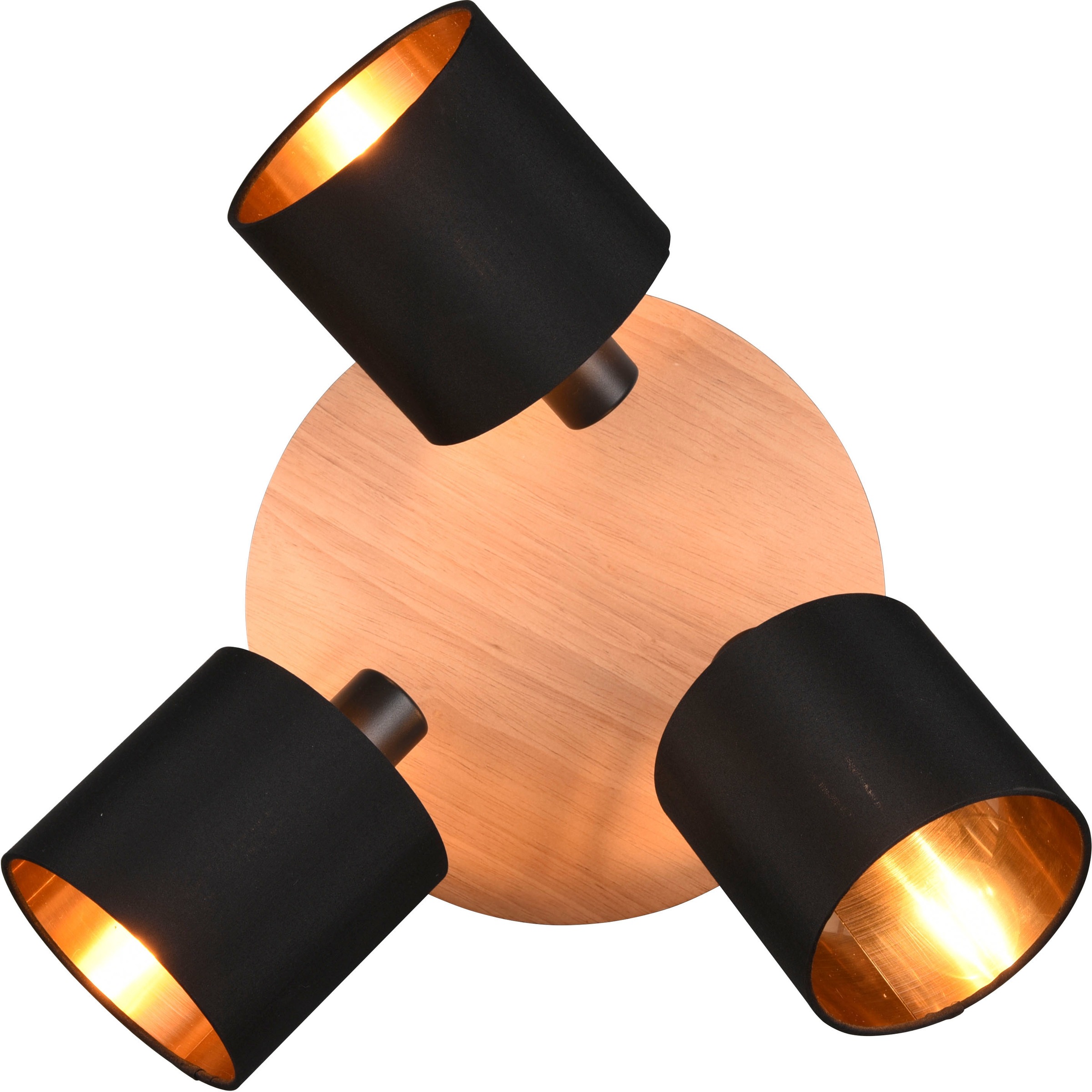 REALITY Leuchten Deckenstrahler »Tommy«, 3 flammig, Leuchtmittel E14 | ohne Leuchtmittel, 3er Spot Holzoptik schwenkbar Stoffschirm schwarz+gold, exkl 3xE14 28W