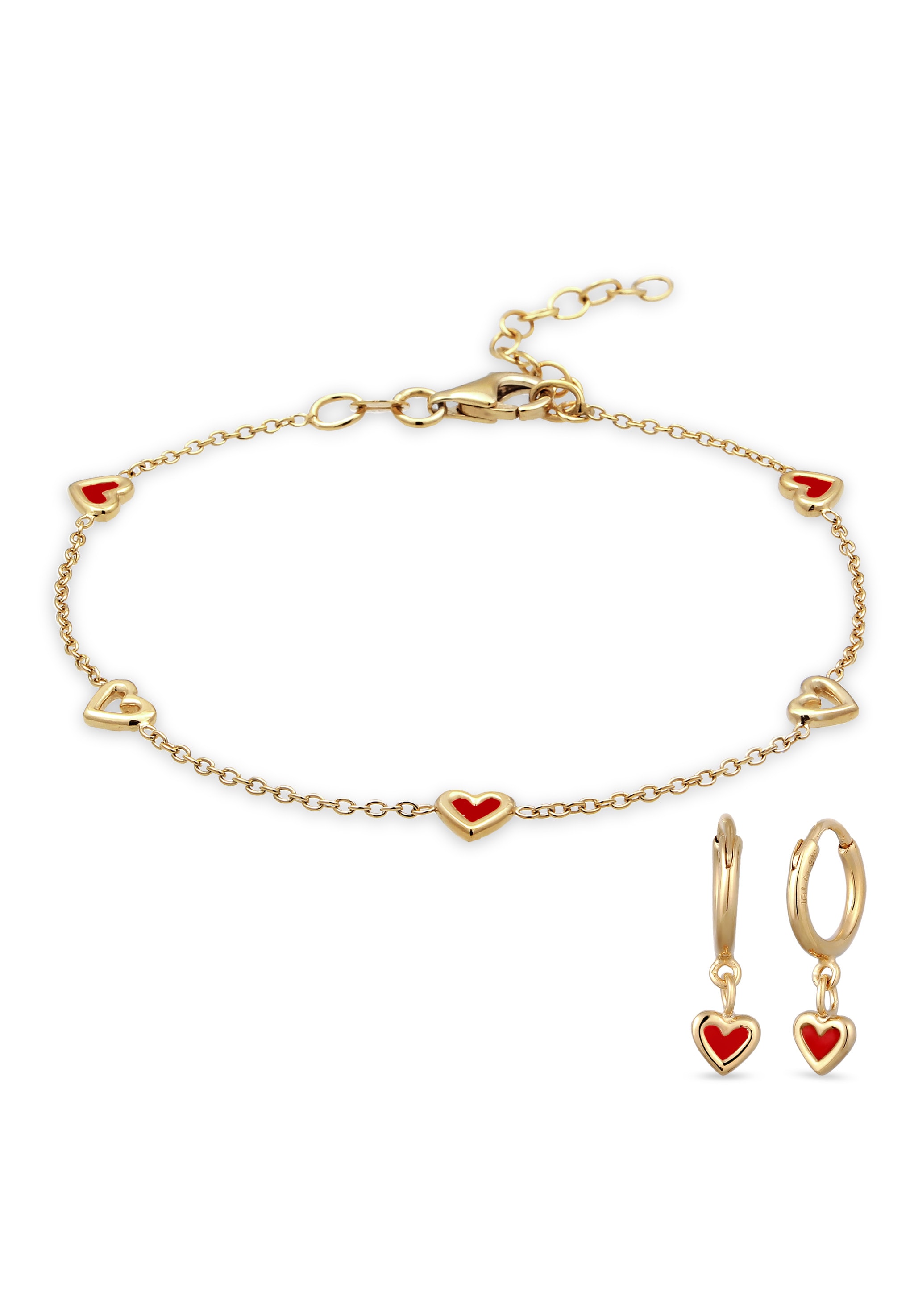 "Ohrring und Ketten Set ELLI ""Schmuckset Herz Emaille Rot 925 Sterling Silber vergoldet"" Gr. 16, gold, Schmuck_Sets, Damen, 16"