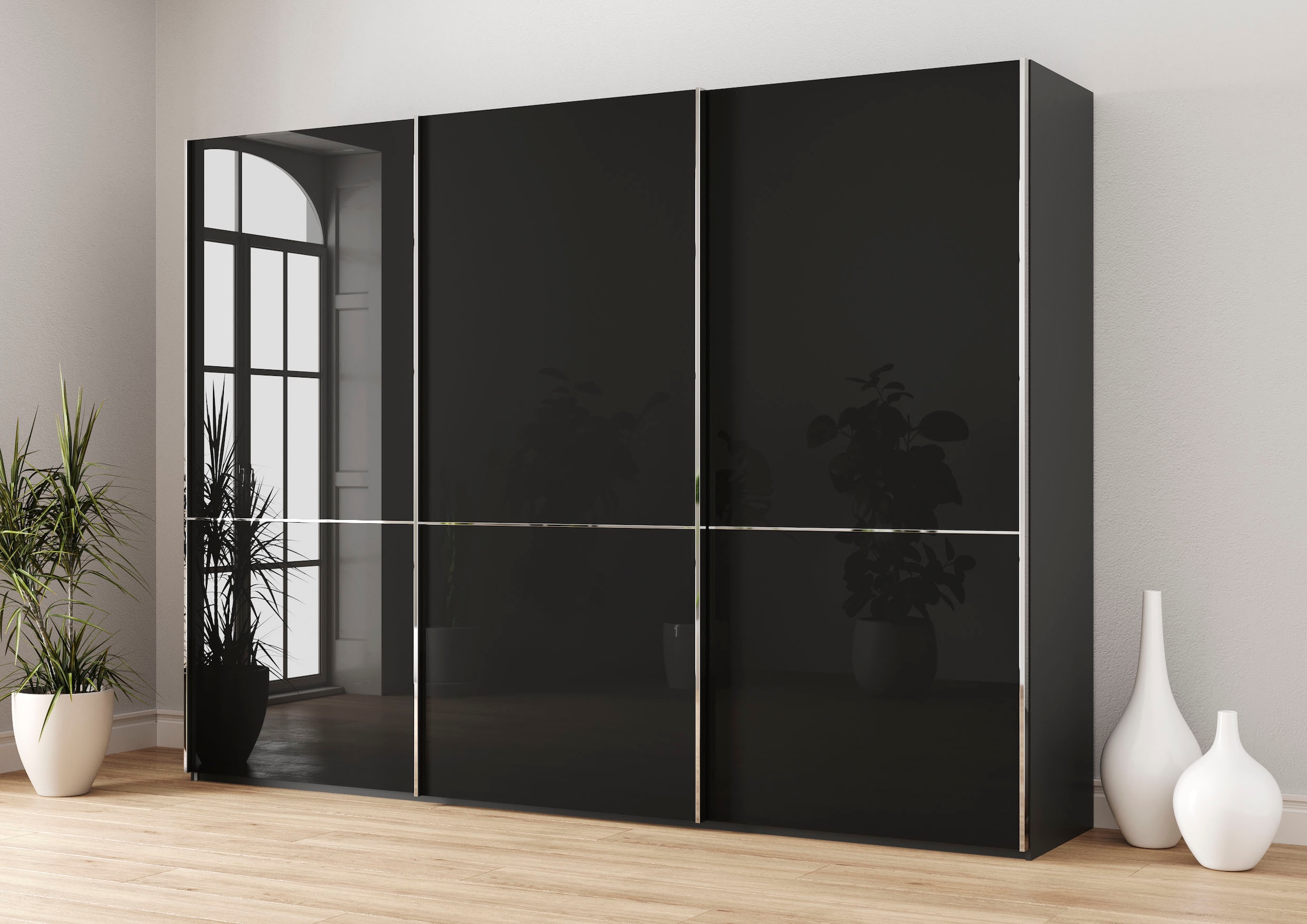 Musterring Schwebetürenschrank "Imola W" inkl. Einlegeböden und Kleiderstangen, mit Glastüren und Aufleistungen