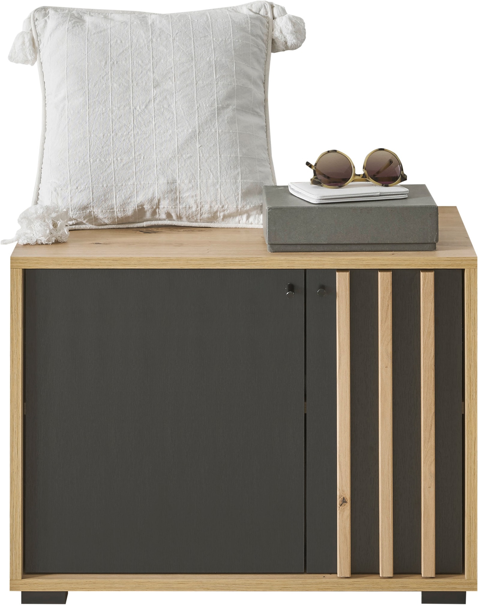 HBZ Garderoben-Set »5-tlg. Eiche MDF Stripes Flurgarderobe Stellmaß BxHxT 230x196x38 cm«, (5 St.), Mit Schuhkommode, Hochschrank, Bank, Paneel, Spiegel