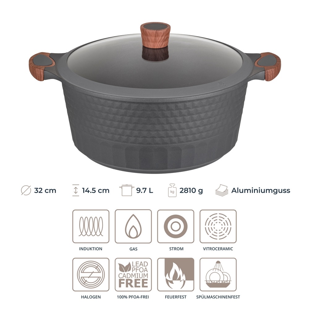 RESTO Kitchenware Kochtopf »Capella, Schmortopf antihaftbeschichtet und spülmaschinenfest«, Aluminiumguss, (2 tlg.), mit Glasdeckel und stoßdämpfendem Silikonrand, im Geschenkkarton
