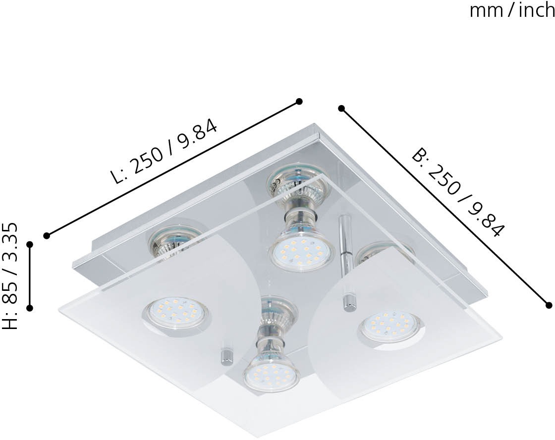 EGLO Deckenleuchte »CABI Deckenlampe, Edelstahl und Glas, GU10, weiss, Wohnzimmerlampe«, 4 flammig, Leuchtmittel GU10 | LED wechselbar, Deckenleuchte, L25 x B25 x H8,5 cm, chrom, weiß, klar, 4X2,8W inkl.